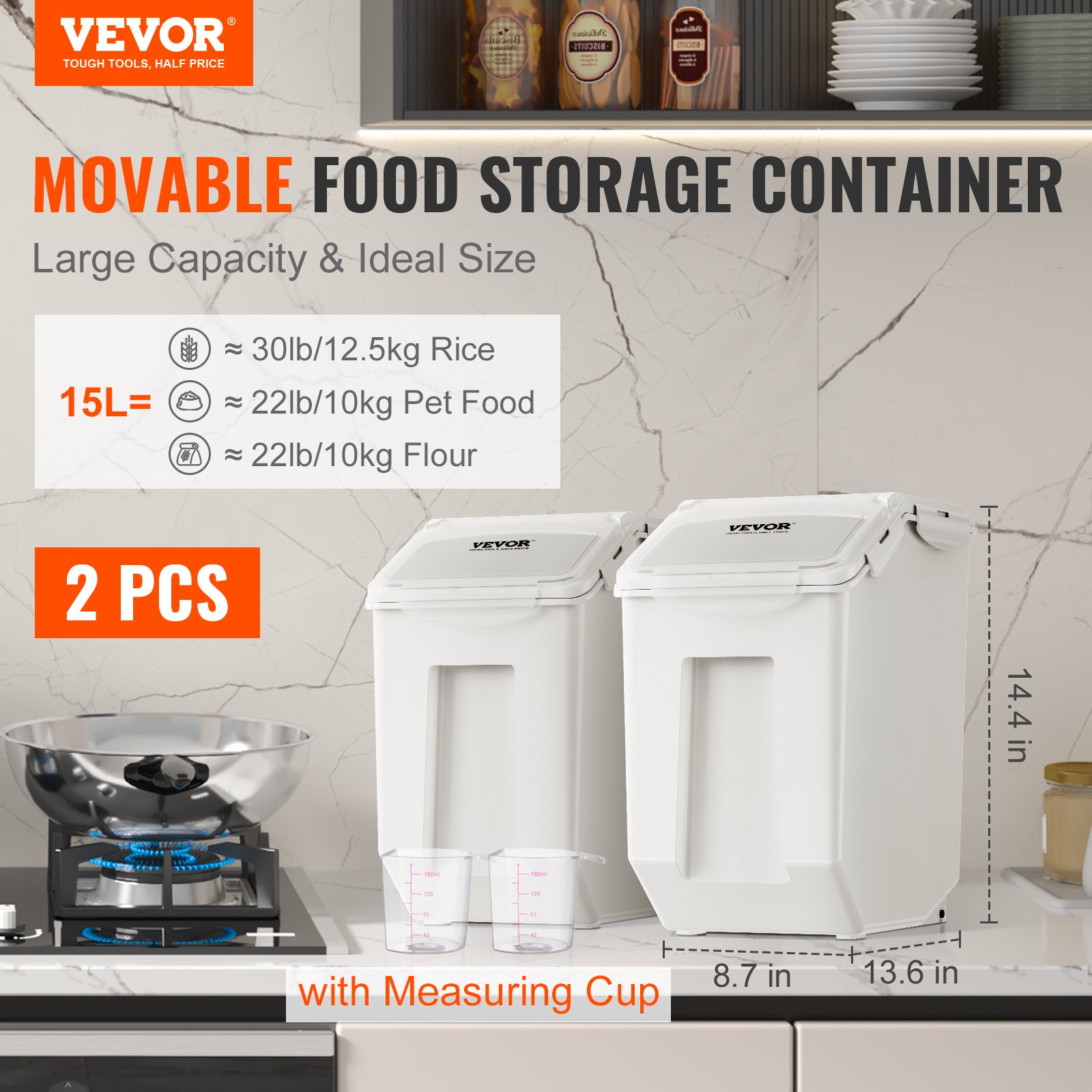 VEVOR Ingredient Storage Bin, PP Material Kitchen Rice Cereal Flour Bin