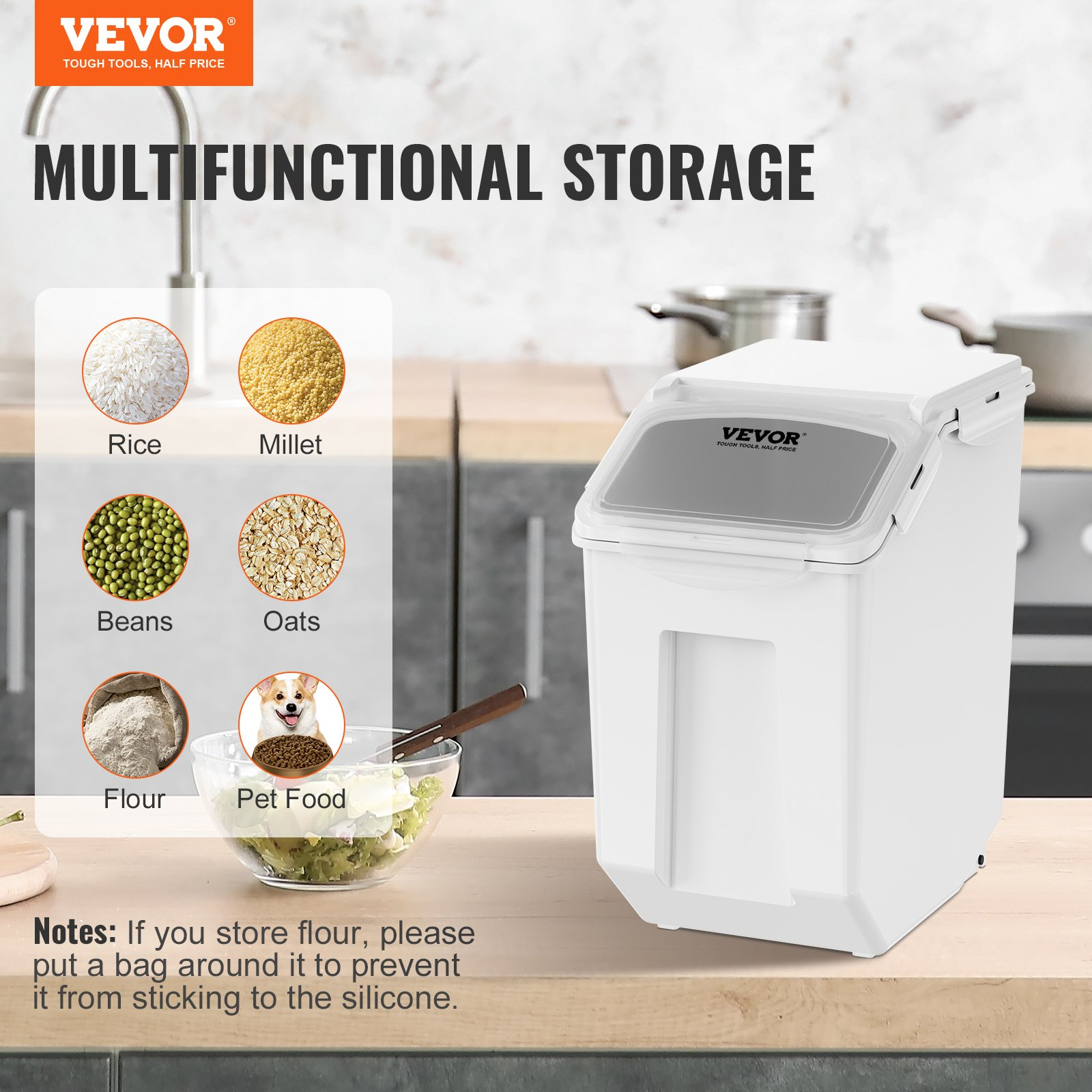 VEVOR Ingredient Storage Bin, PP Material Kitchen Rice Cereal Flour Bin