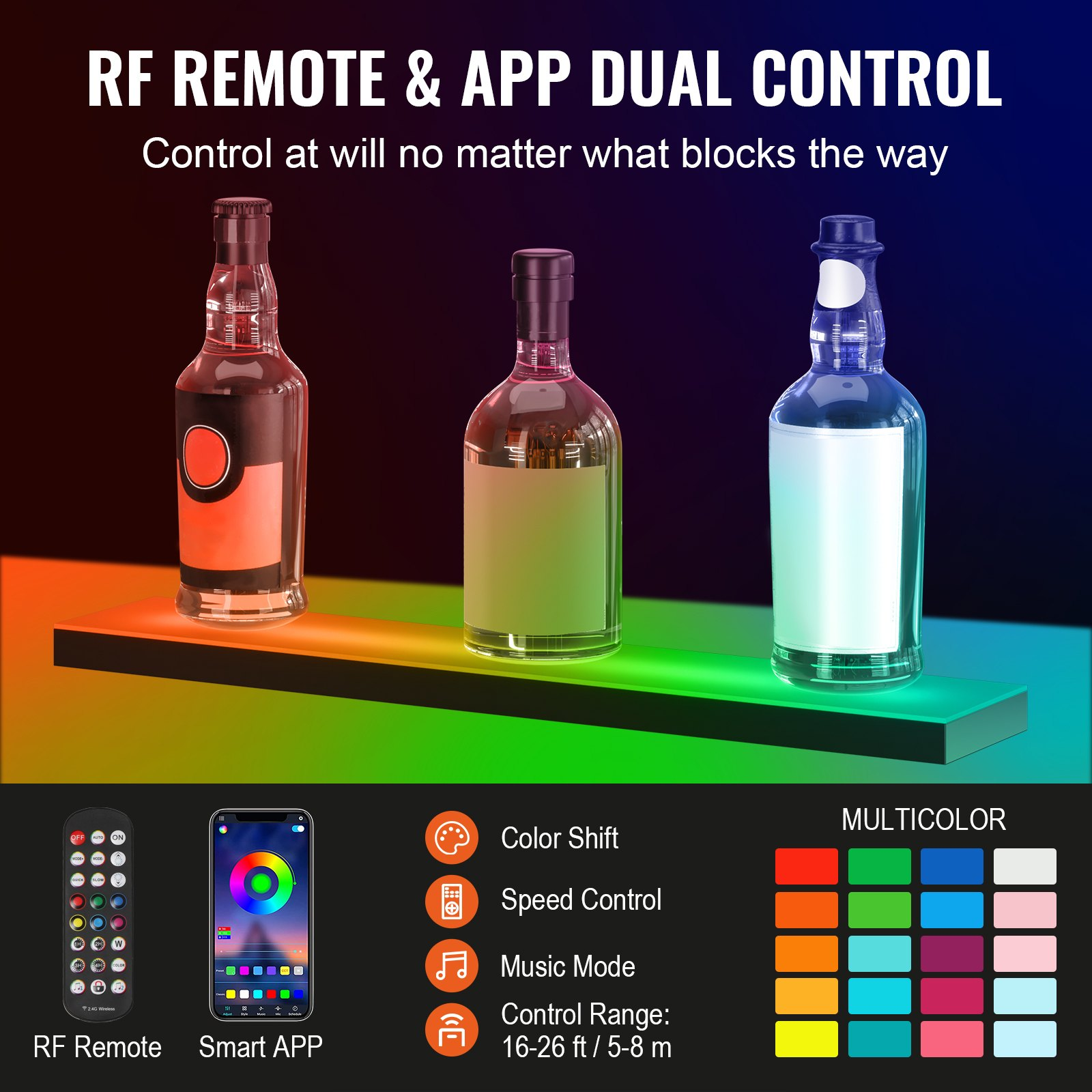 24" LED Lighted Liquor Bottle Display Bar Shelf with RF & App Control - 1-Step,