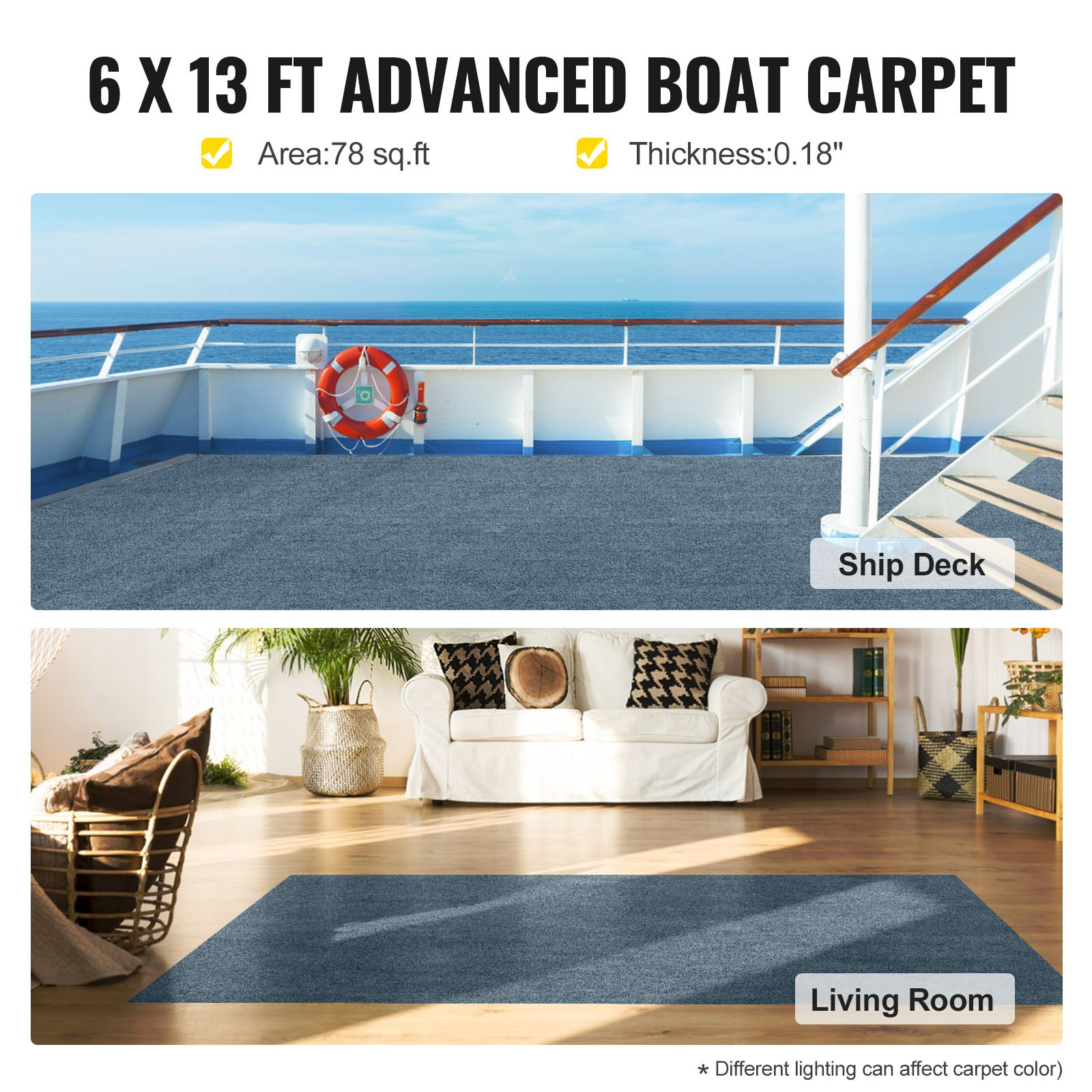 Gray Marine Carpet 6ft x 13.1ft Boat Carpet Rug | Indoor Outdoor Anti-Slide Wate