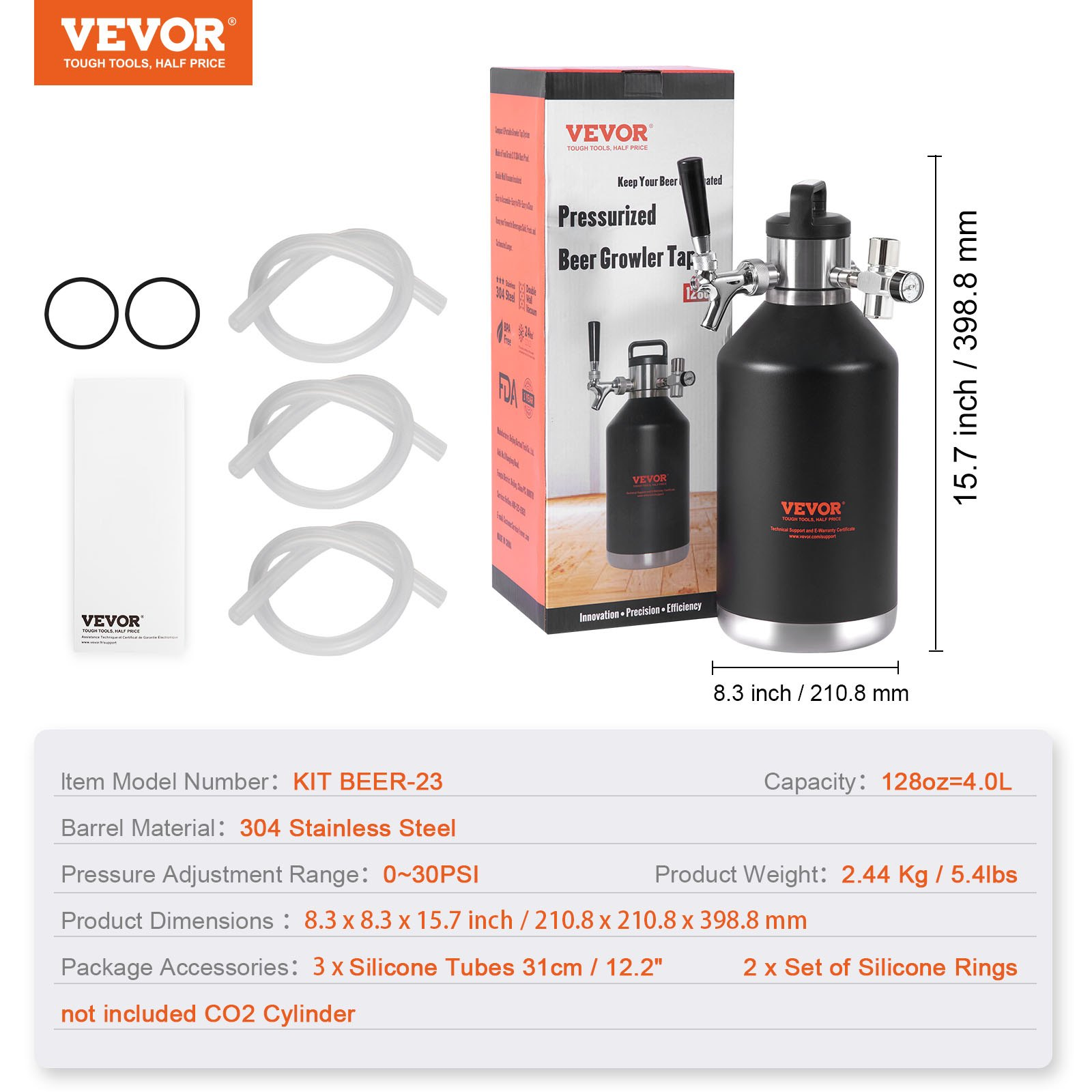 VEVOR Beer Growler Tap System, 128Oz 4L Mini Keg, Craft Beer