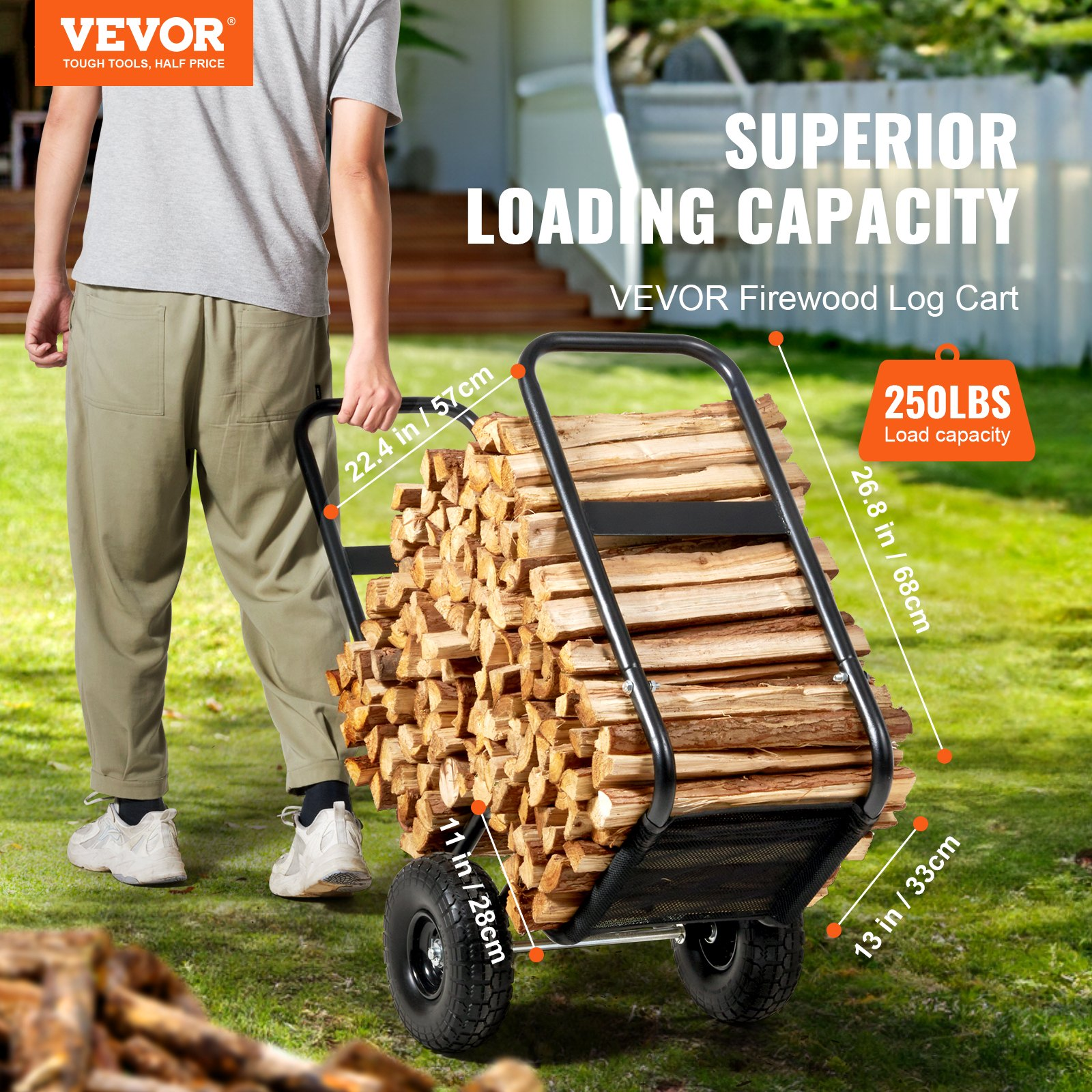 Firewood Log Cart, 250 lbs Capacity, Black