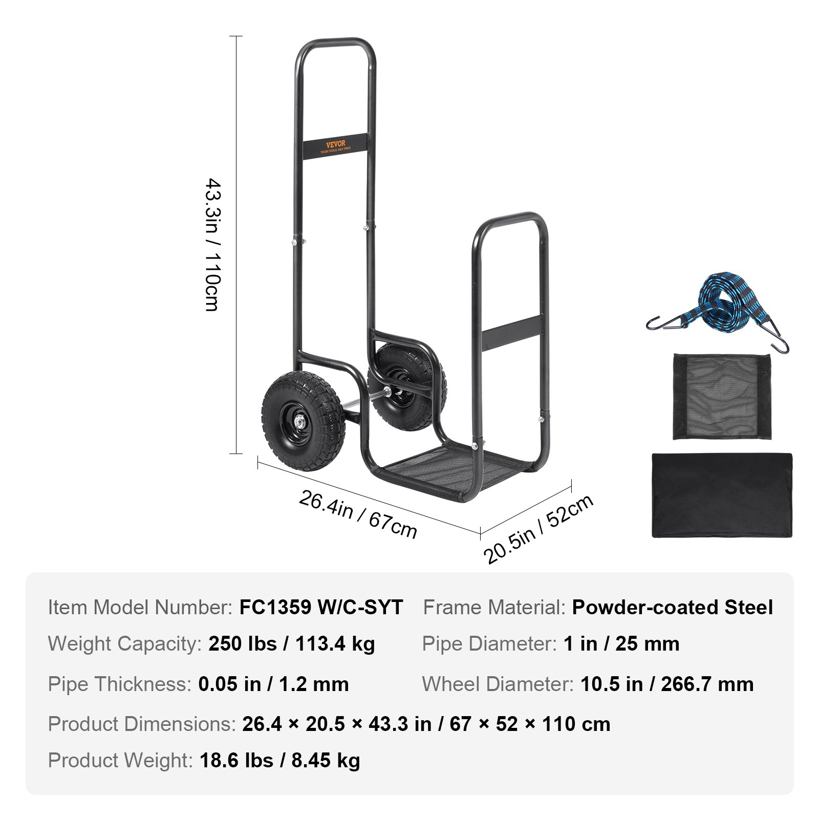 Firewood Log Cart, 250 lbs Capacity, Black