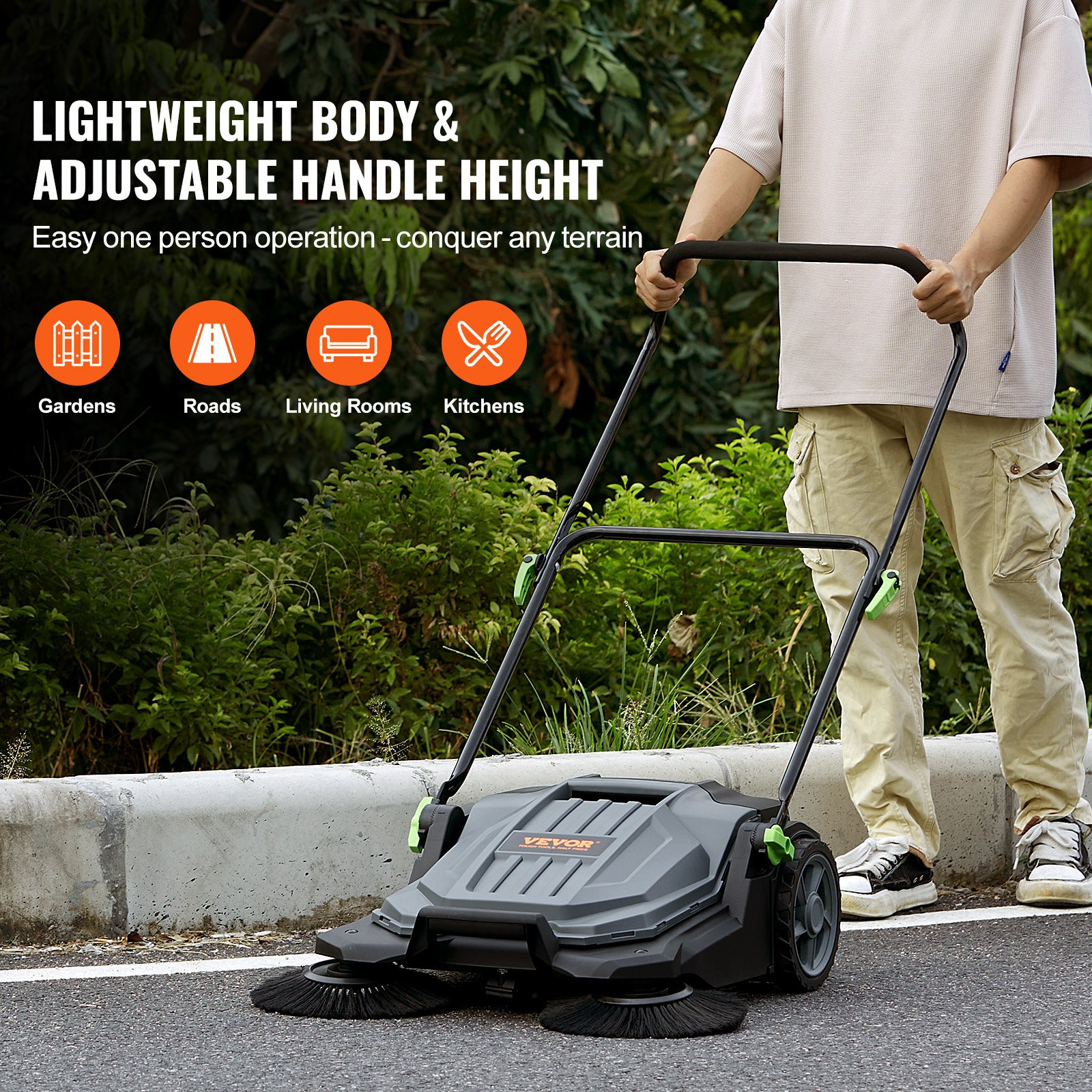 VEVOR Walk-Behind Hand Push Floor Sweeper, 25.6" Wide Manual Sweeper