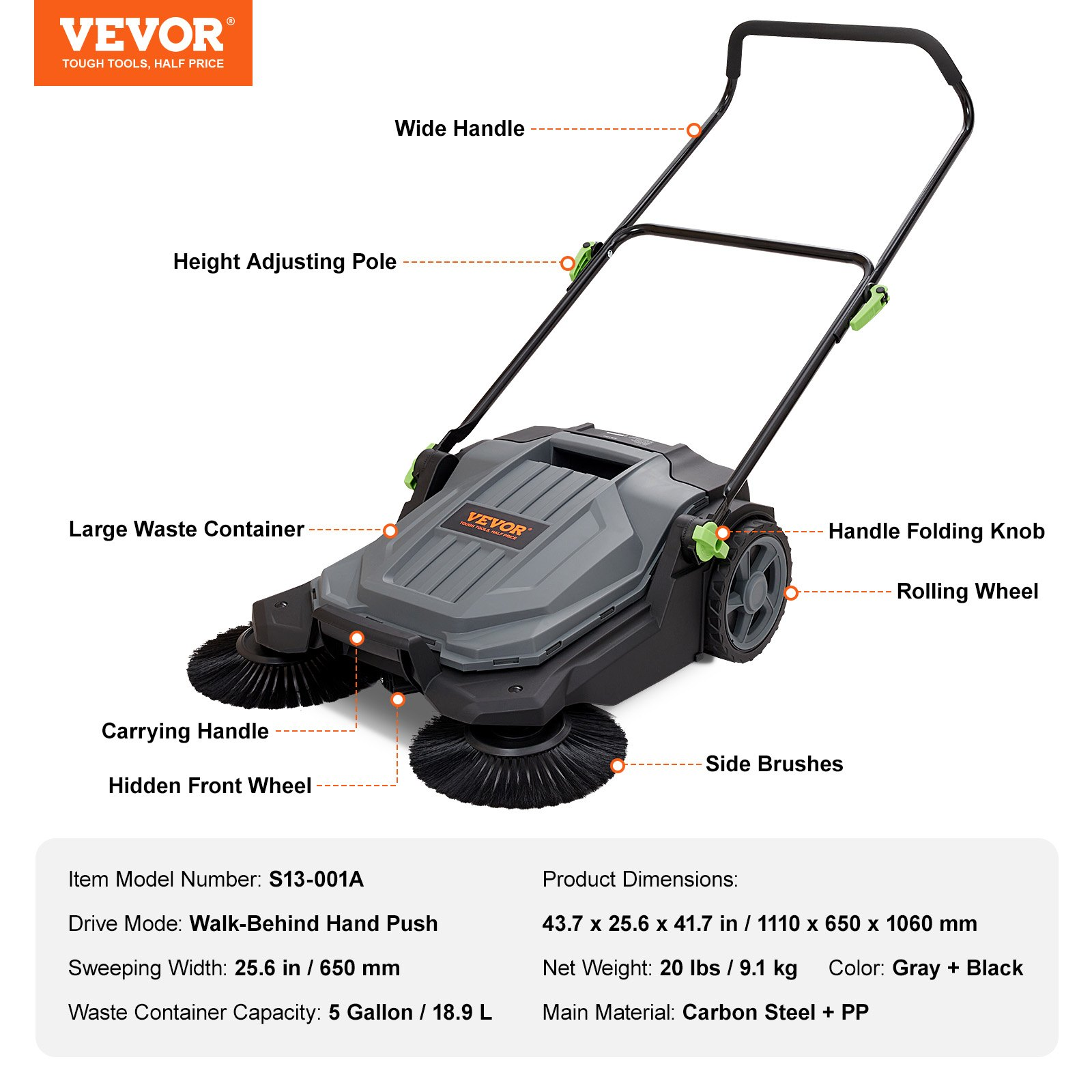VEVOR Walk-Behind Hand Push Floor Sweeper, 25.6" Wide Manual Sweeper