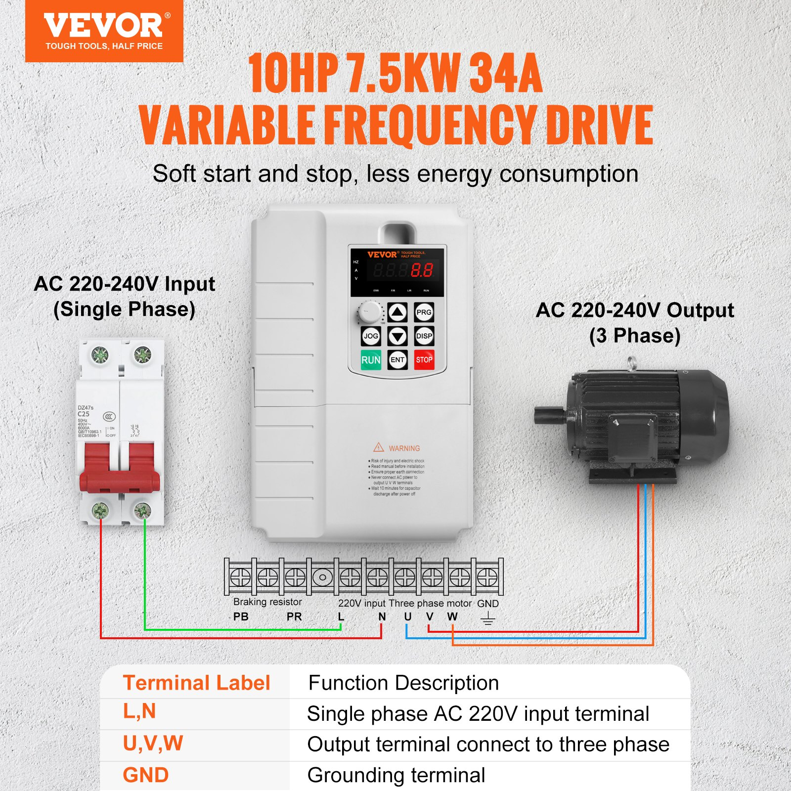 VEVOR VFD 7.5KW, 10HP Variable Frequency Drive for 3-Phase Motor Speed Control
