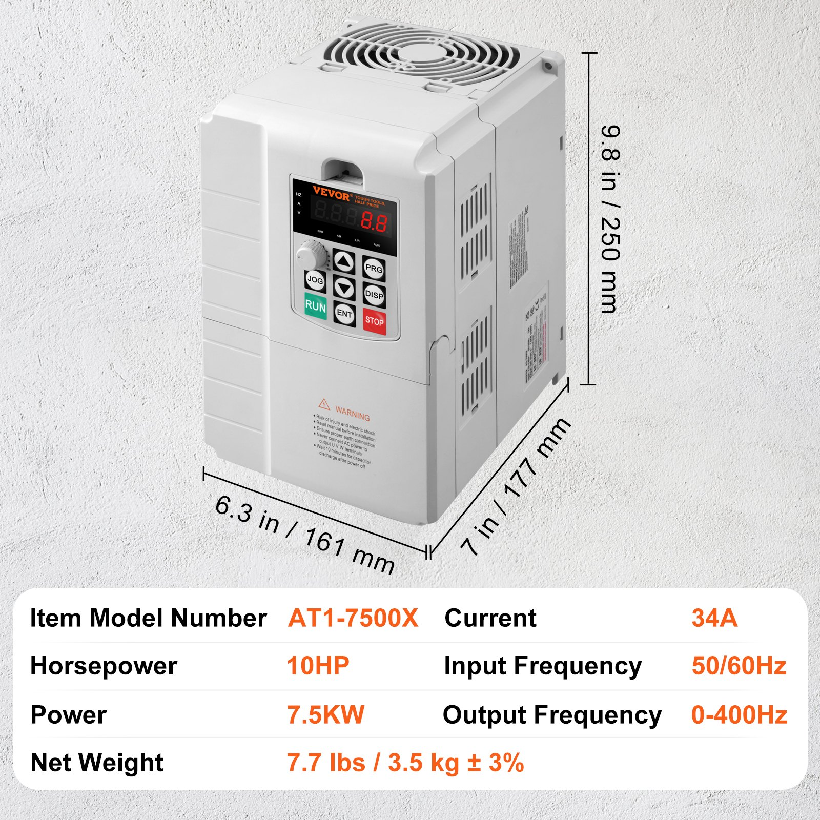VEVOR VFD 7.5KW, 10HP Variable Frequency Drive for 3-Phase Motor Speed Control