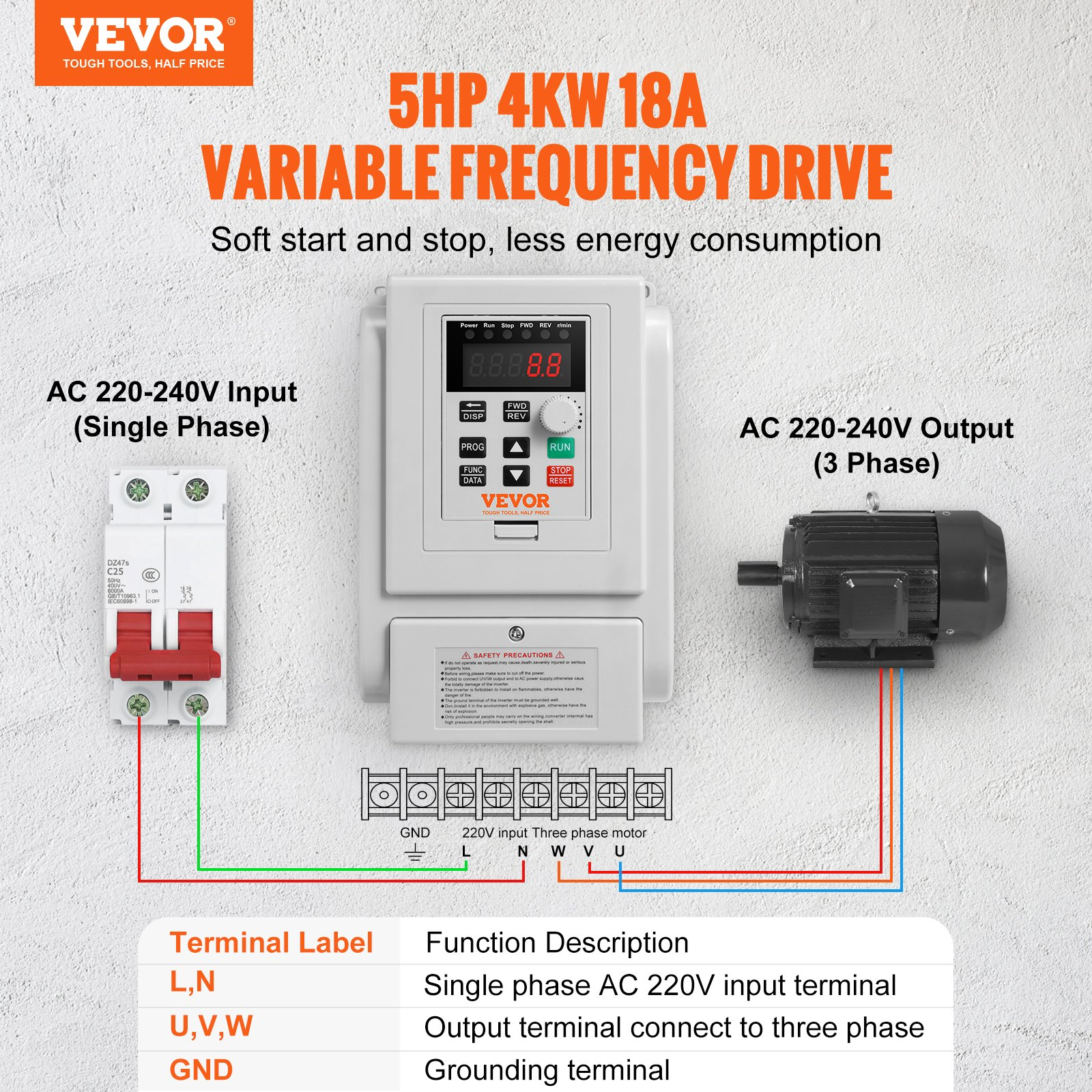 VFD 5HP, 4KW, 18A, 0-400Hz VFD for AC Motor Speed Control