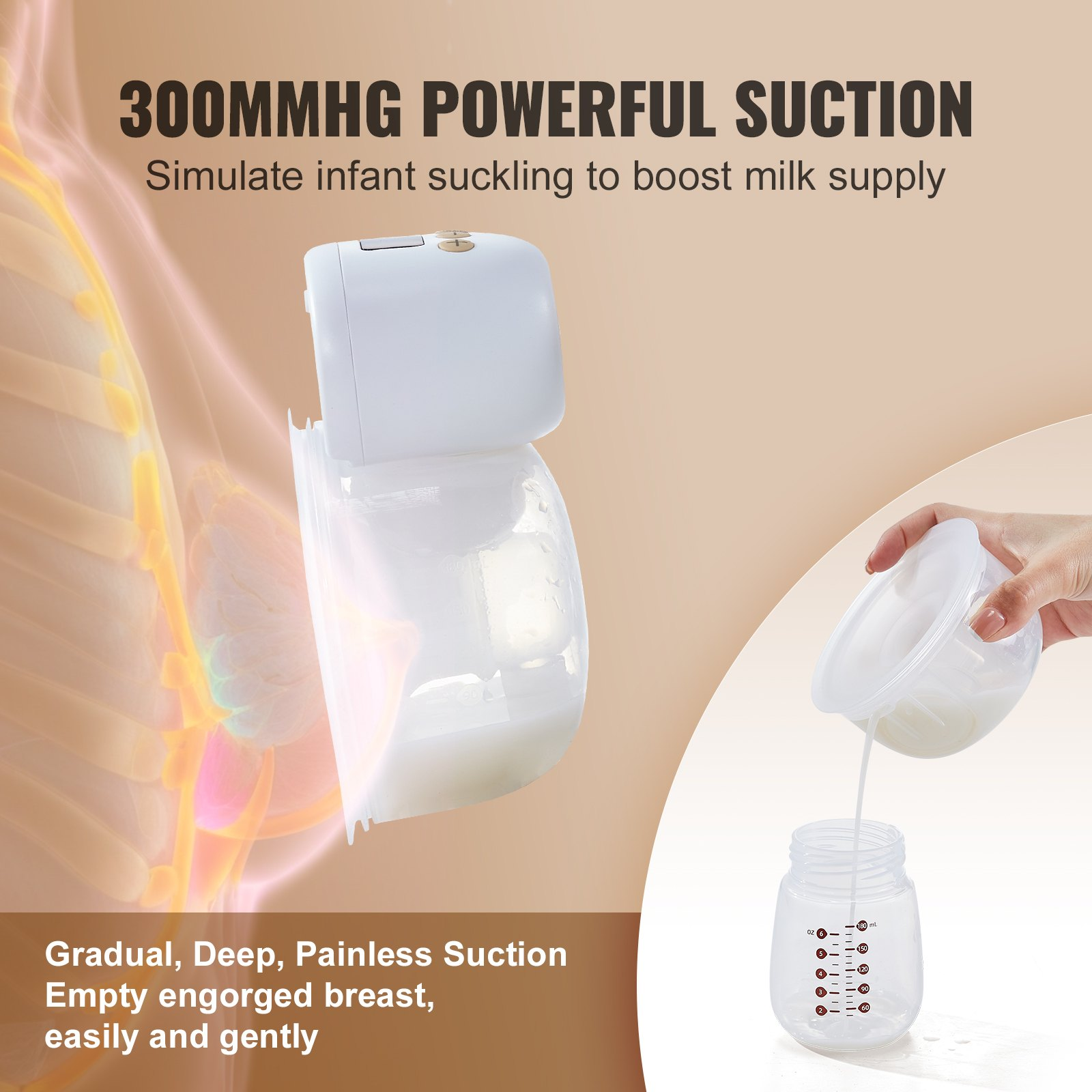 Breast Pump, Wearable Electric Breast Pumps Hands Free, 4 Mode & 12 Levels, 300m