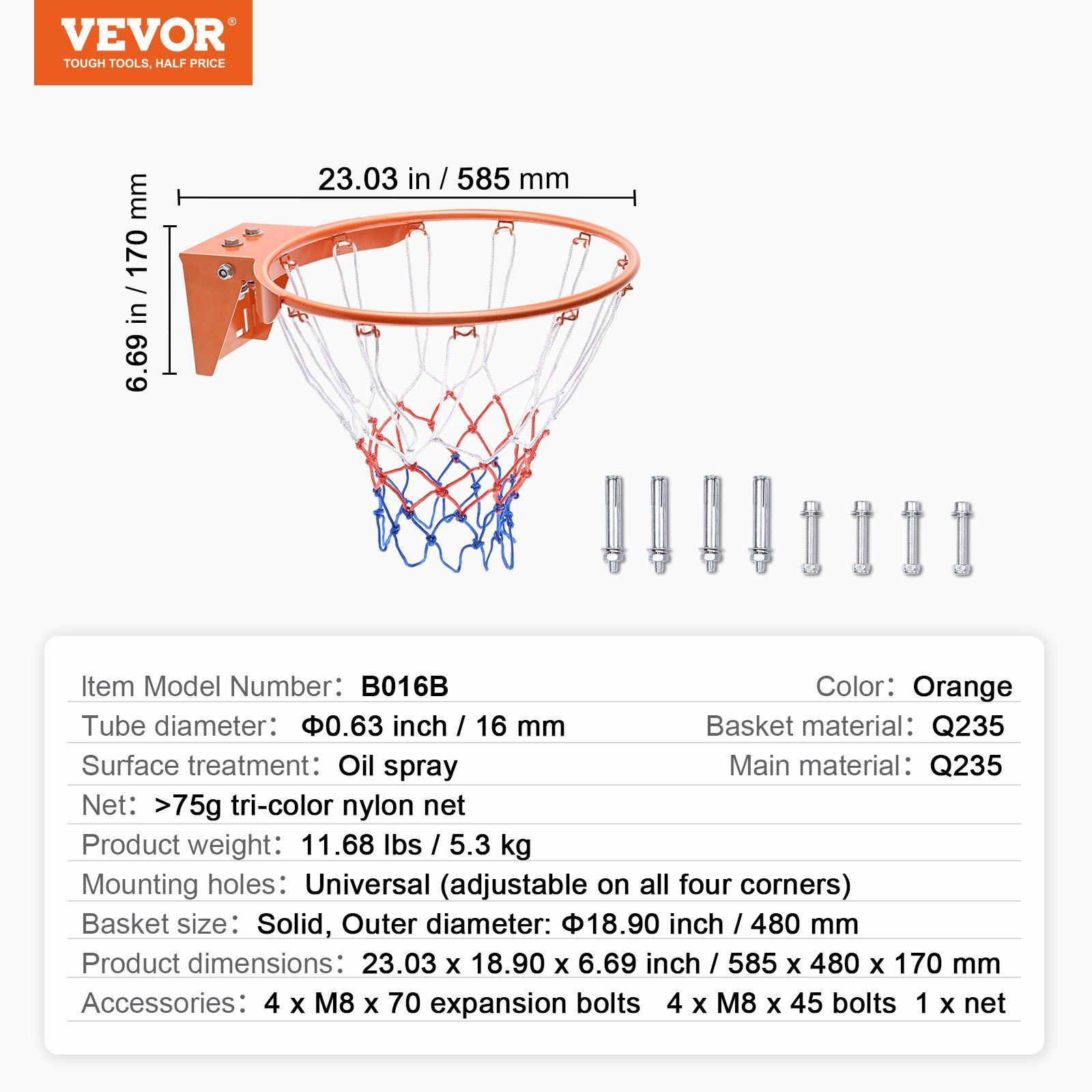 VEVOR Basketball Rim, Wall Door Mounted Basketball Hoop, Heavy Duty Q235 Basketb