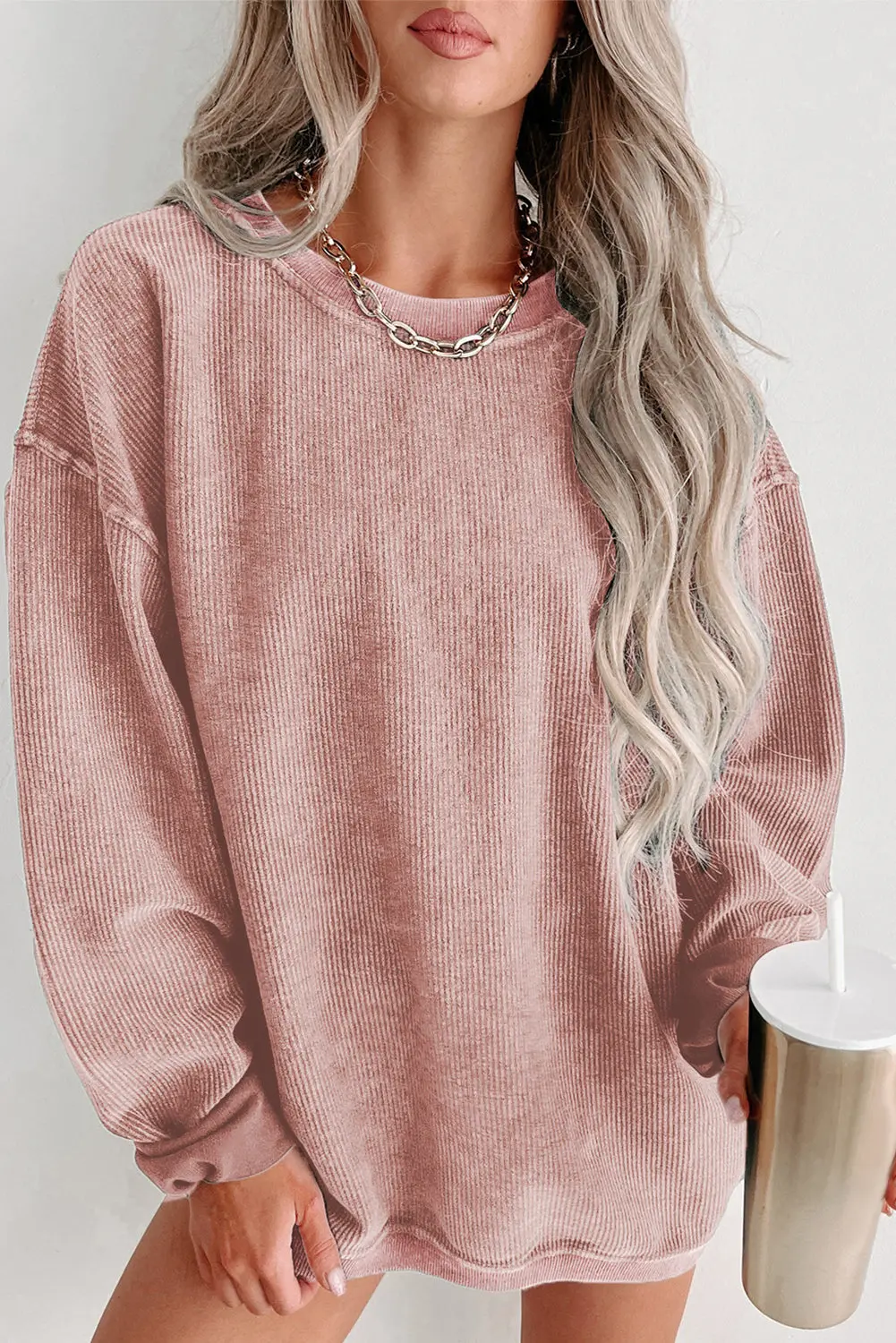 Ribbed Knit Solid Round-Neck Pullover Sweatshirt - view 3