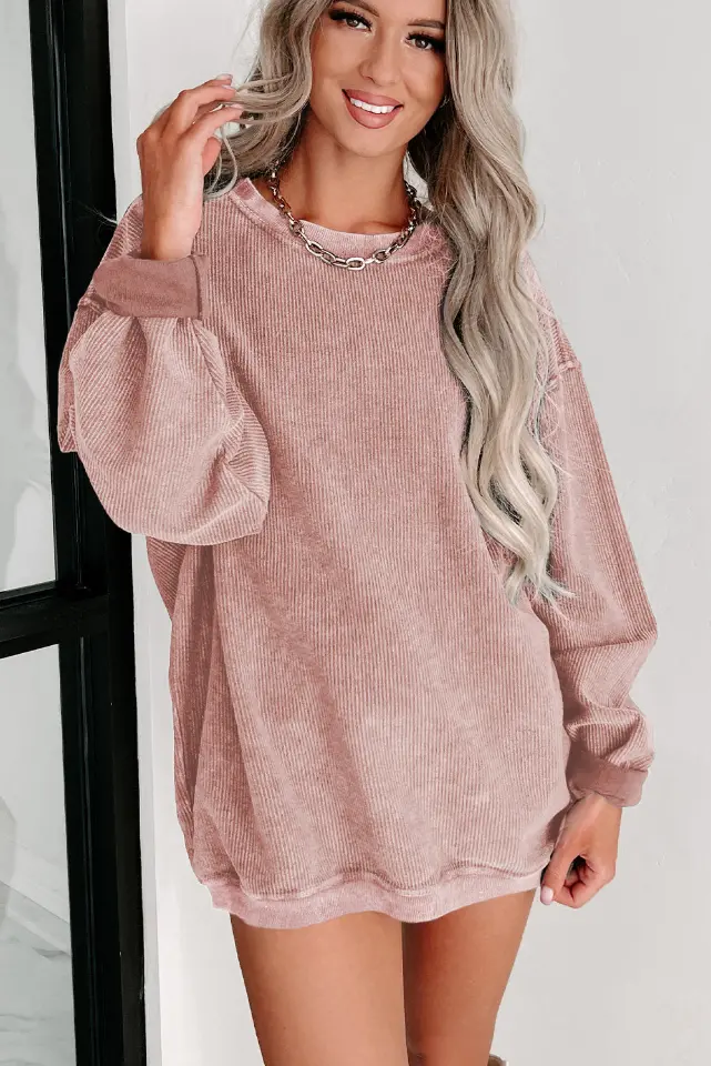 Ribbed Knit Solid Round-Neck Pullover Sweatshirt thumbnail 2