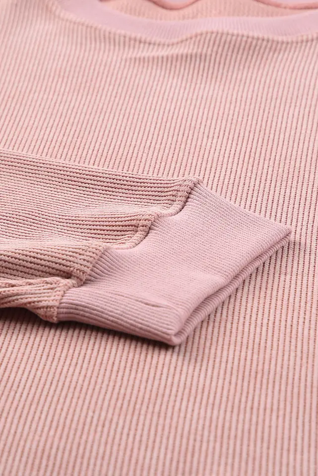 Ribbed Knit Solid Round-Neck Pullover Sweatshirt thumbnail 7