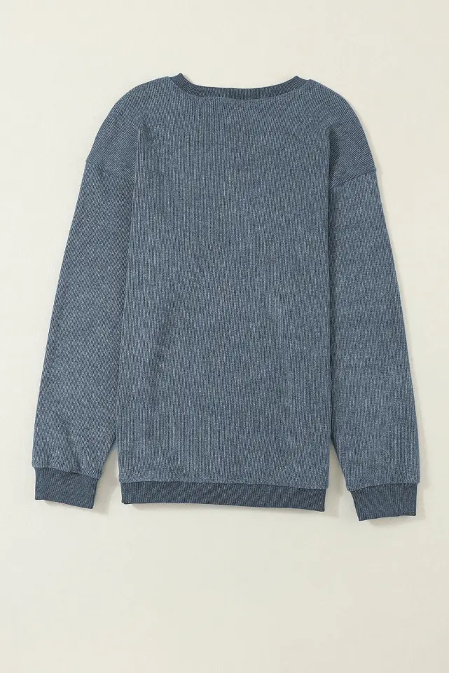 Ribbed Knit Solid Round-Neck Pullover Sweatshirt thumbnail 9