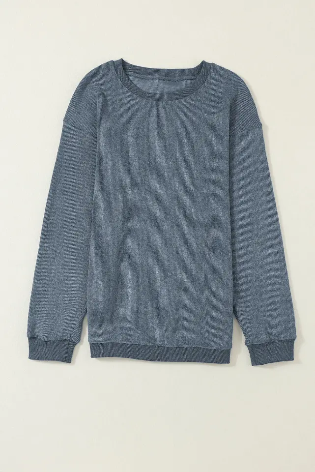 Ribbed Knit Solid Round-Neck Pullover Sweatshirt thumbnail 10