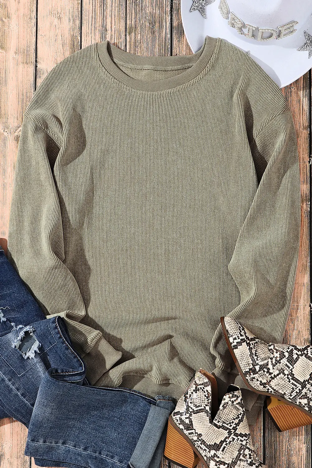 Ribbed Knit Solid Round-Neck Pullover Sweatshirt - view 13