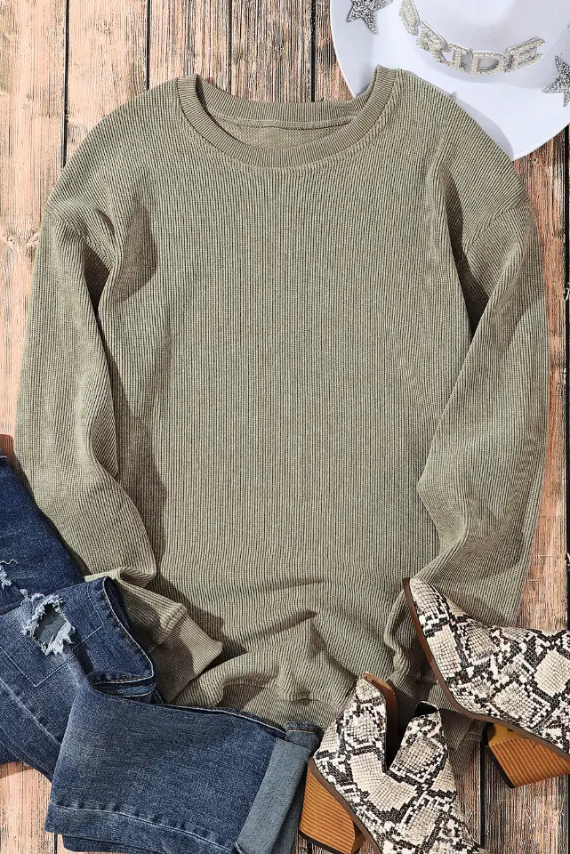 Ribbed Knit Solid Round-Neck Pullover Sweatshirt thumbnail 13