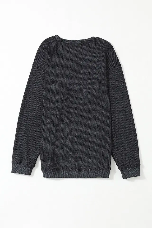 Ribbed Knit Solid Round-Neck Pullover Sweatshirt thumbnail 14