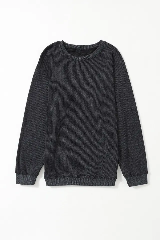 Ribbed Knit Solid Round-Neck Pullover Sweatshirt thumbnail 15