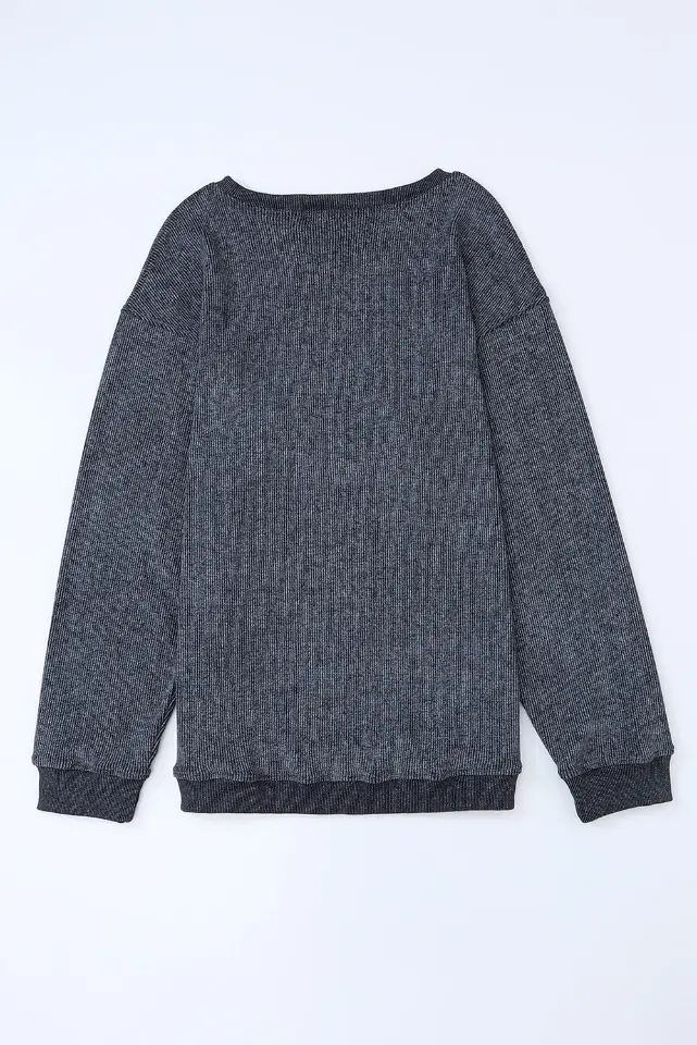 Ribbed Knit Solid Round-Neck Pullover Sweatshirt thumbnail 17