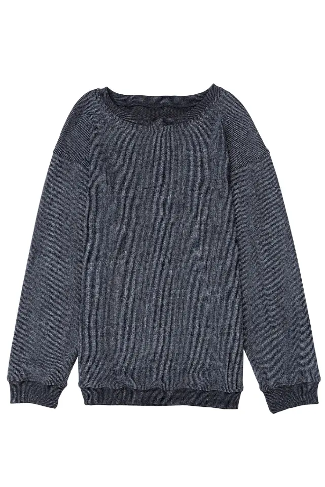 Ribbed Knit Solid Round-Neck Pullover Sweatshirt thumbnail 18