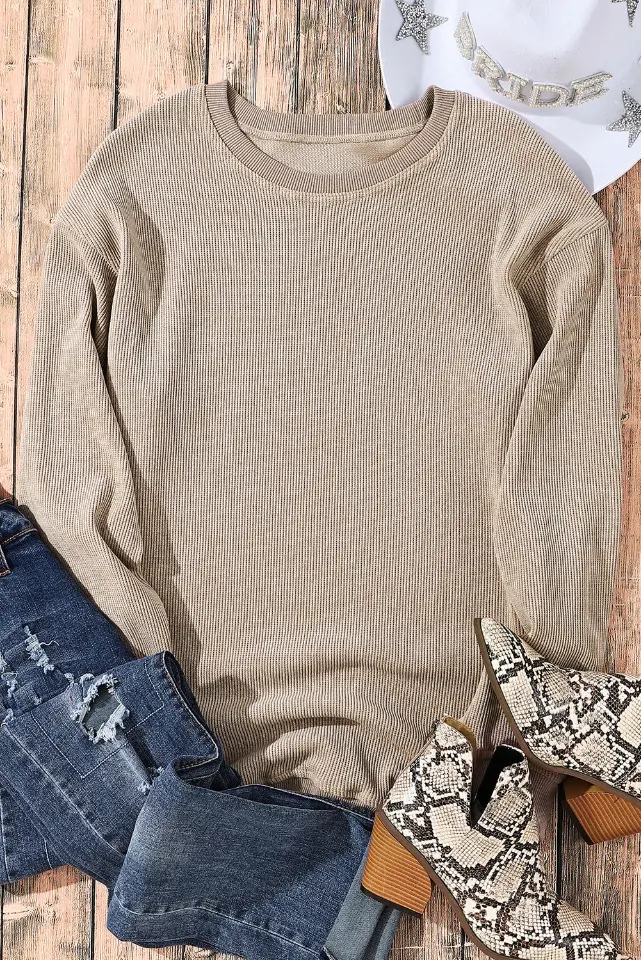 Ribbed Knit Solid Round-Neck Pullover Sweatshirt thumbnail 19