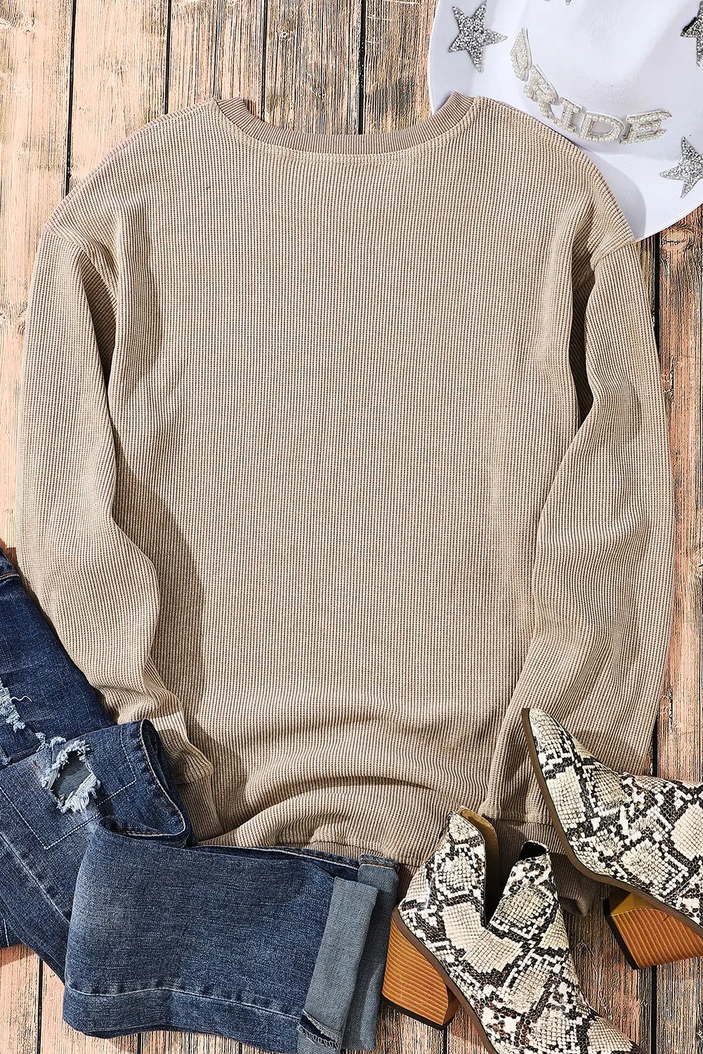 Ribbed Knit Solid Round-Neck Pullover Sweatshirt - view 20