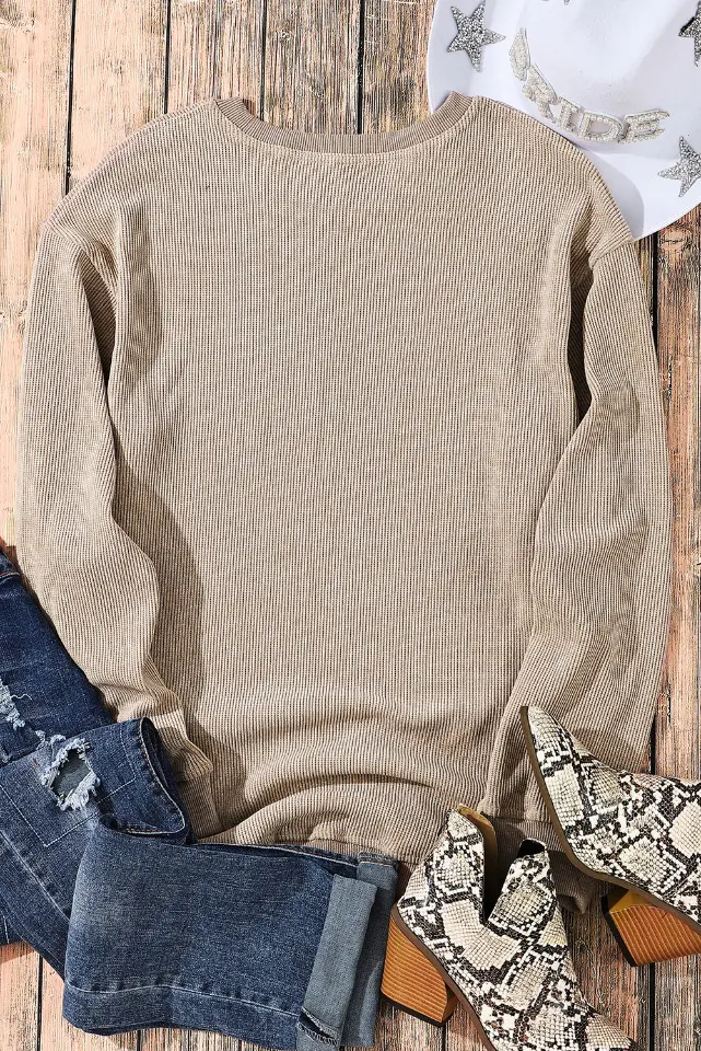 Ribbed Knit Solid Round-Neck Pullover Sweatshirt thumbnail 20