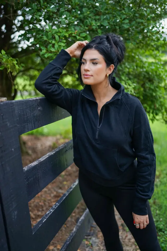 Ribbed Stand-Collar Zip-Up Long Sleeve Sweatshirt thumbnail 6
