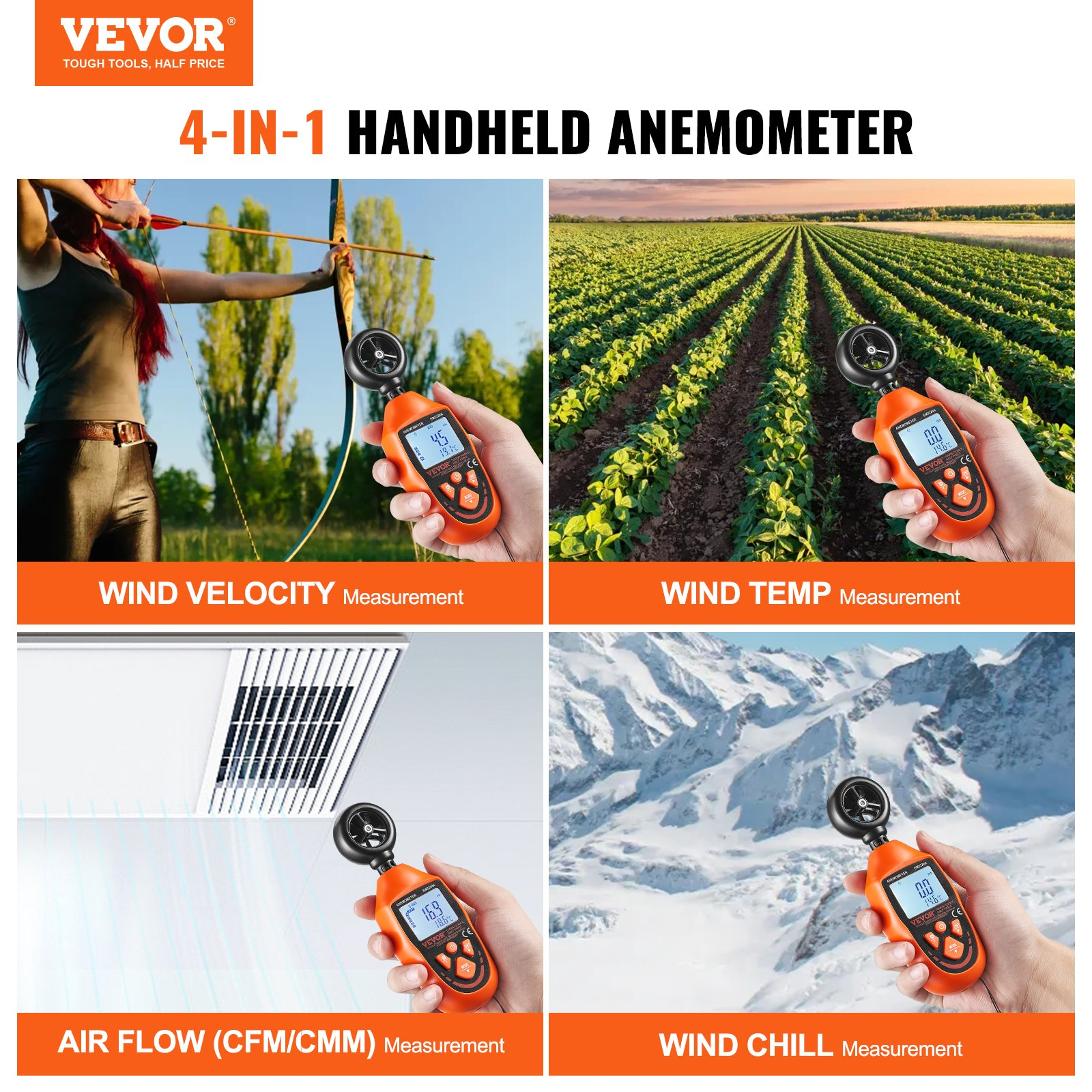 Anemometro Portatile, 14°F-113°F, per Vela Surf Drone Volante HVAC - Foto 1 di 10