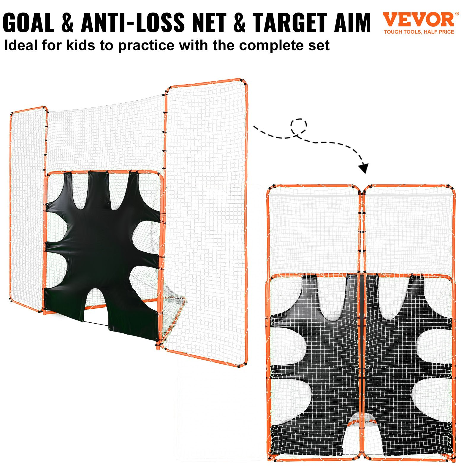3-IN-1 Lacrosse Folding Goal w/ Backstop & Target, 6' x 6' Lacrosse Net, Orange