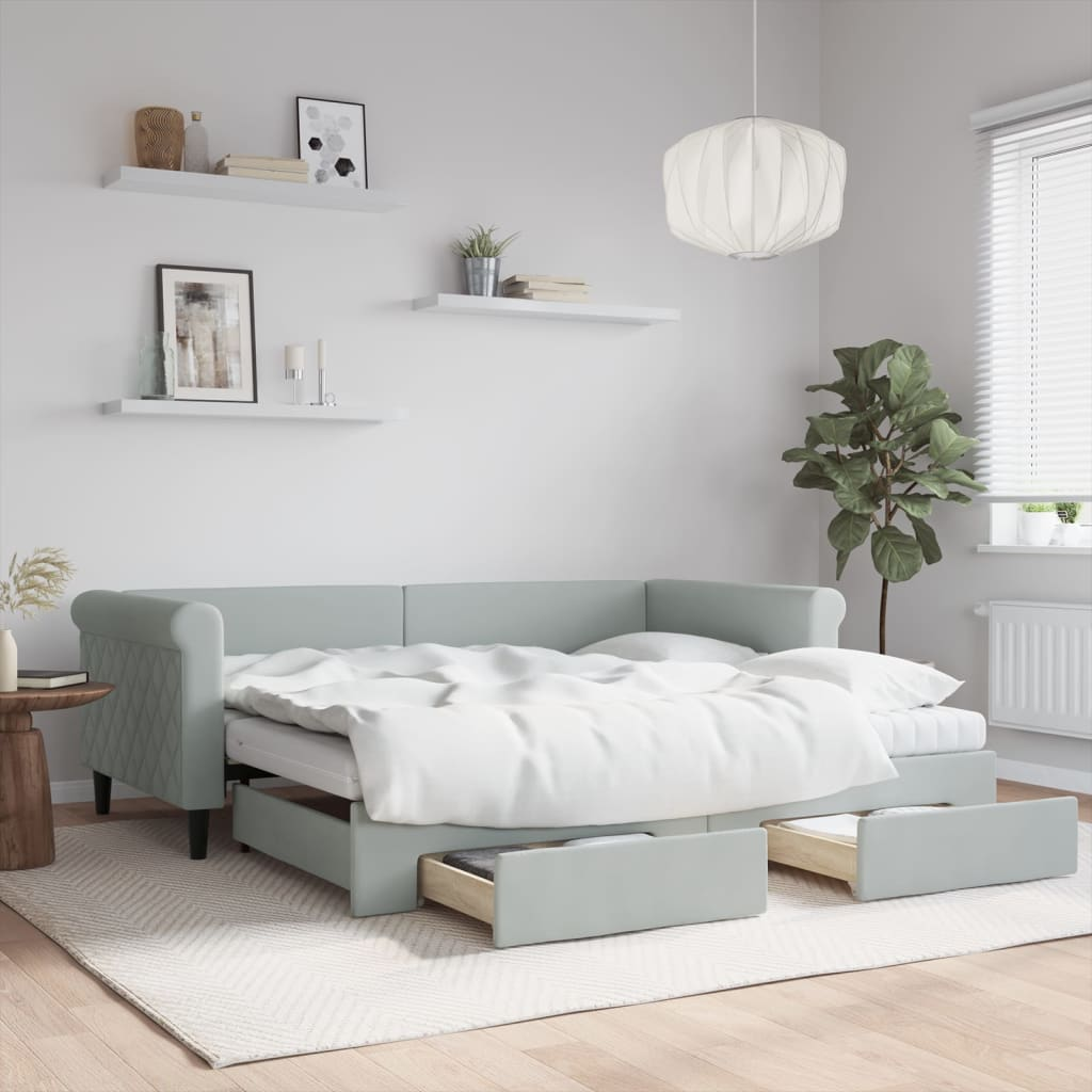 vidaXL Daybed with Trundle and Drawers Light Grey 90x190 cm Velvet