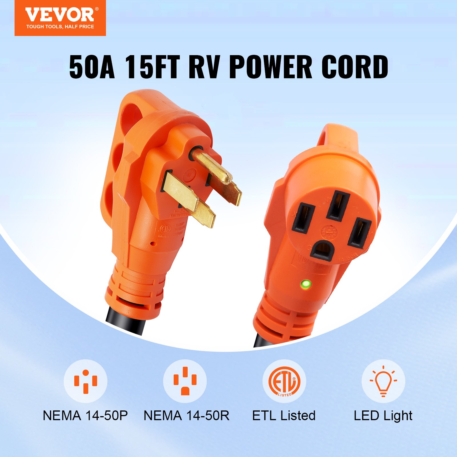 15FT 50AMP RV Cord, NEMA 14-50R/P, STW, LED Handle, 15A Adapter, ETL Listed