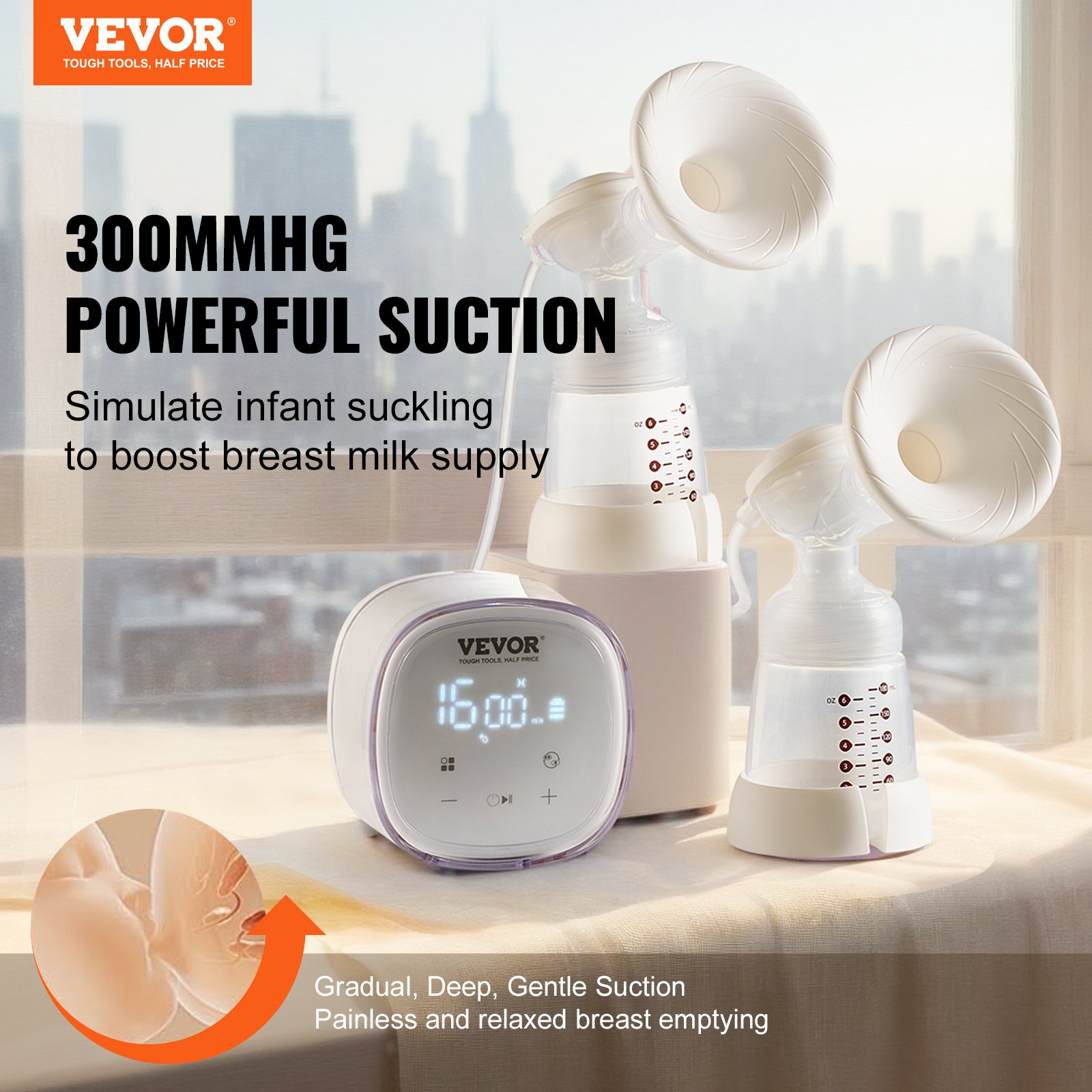 VEVOR Breast Pump Double Electric Breast Pumps 4 Mode & 16 Level 300mmHg Suction - Picture 1 of 10