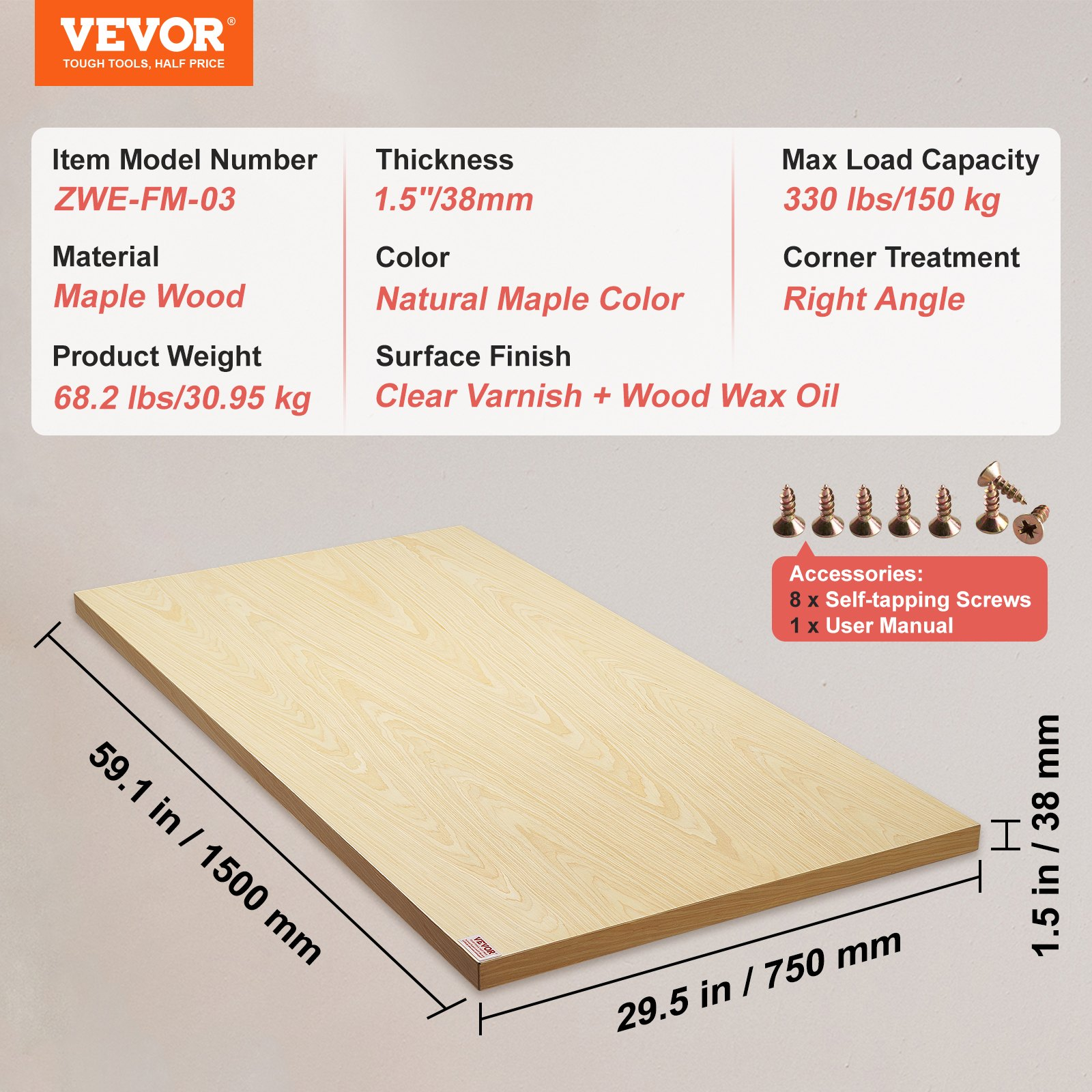 Wood Table Top, Universal Solid One-Piece Maple Desktop for Office & Home Desk