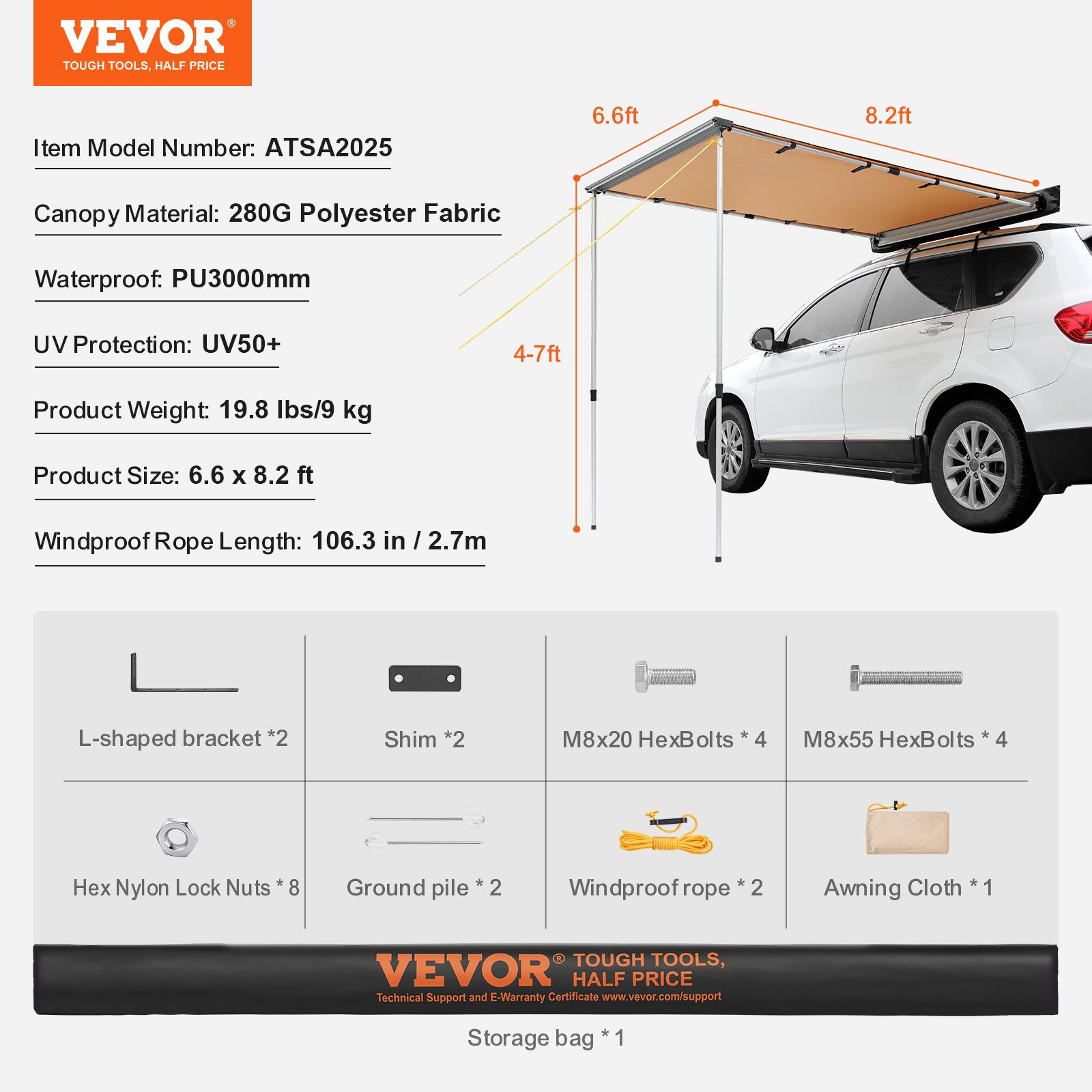 Car Side Awning, Large 6.6' x 8.2' Shade Coverage Vehicle Awning, Campers - Picture 11 of 11