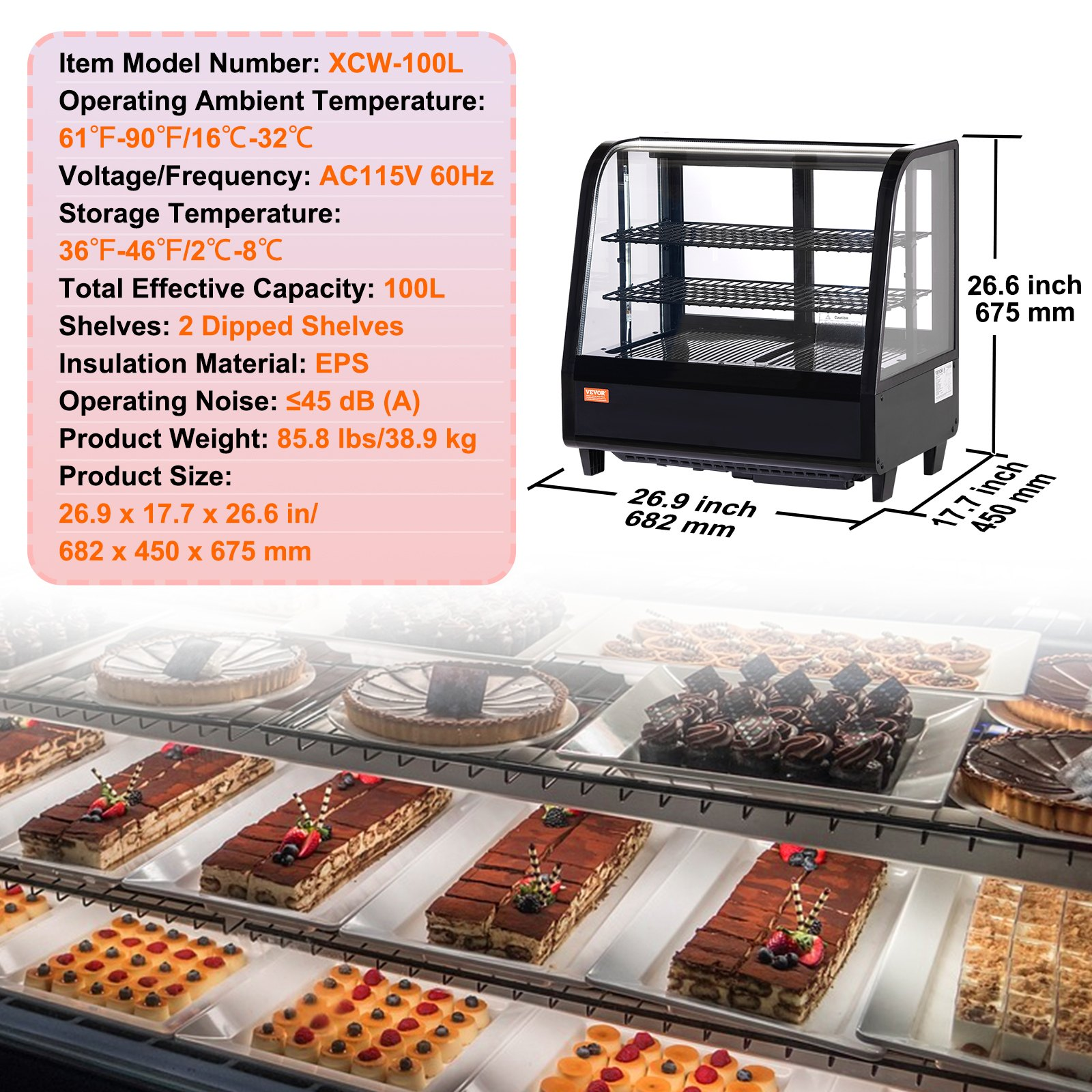 Refrigerated Display Case 3.5 Cu Ft 2 Tier Countertop Pastry Cooler
