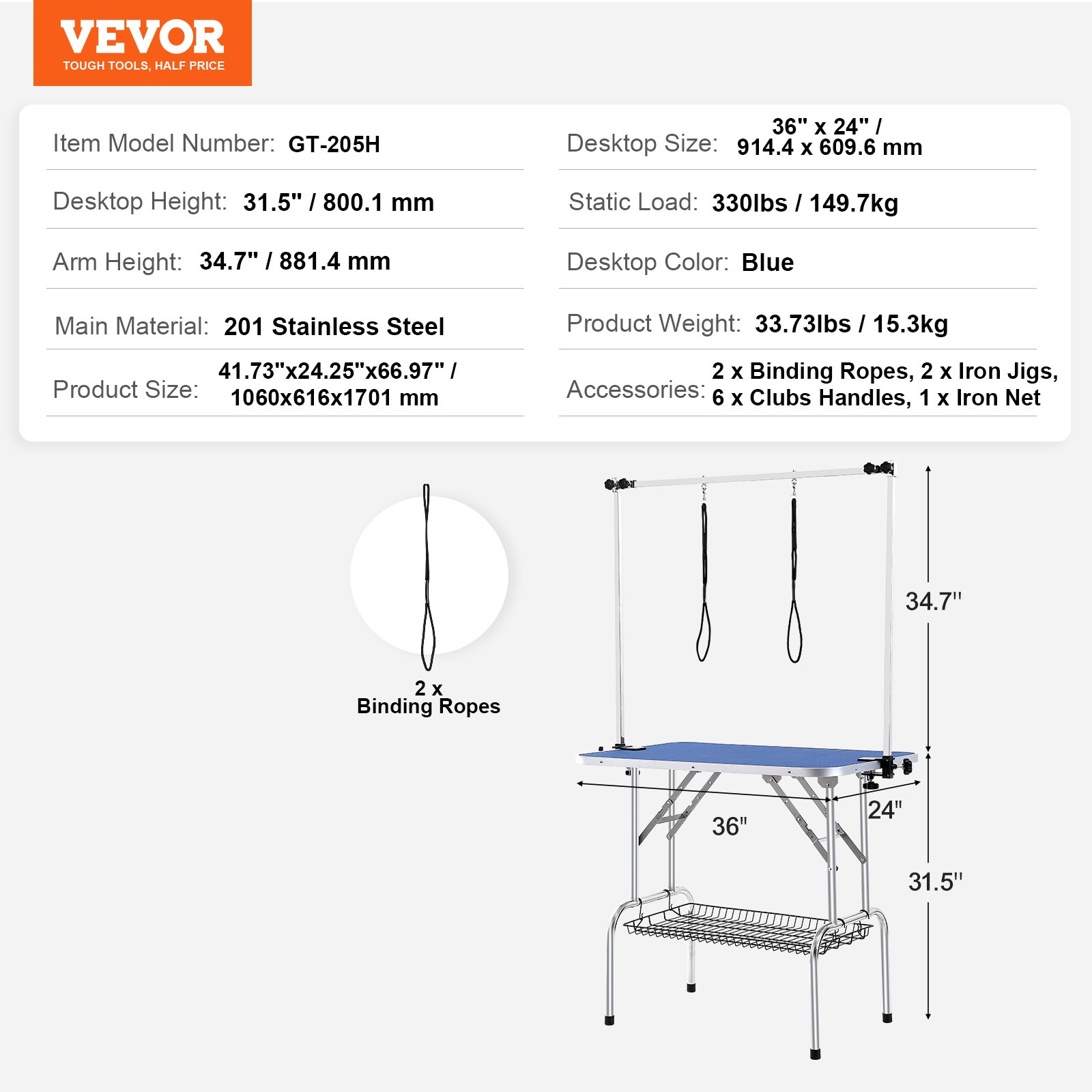 VEVOR Pet Grooming Table Two Arms with Clamp, Bearing 330lbs