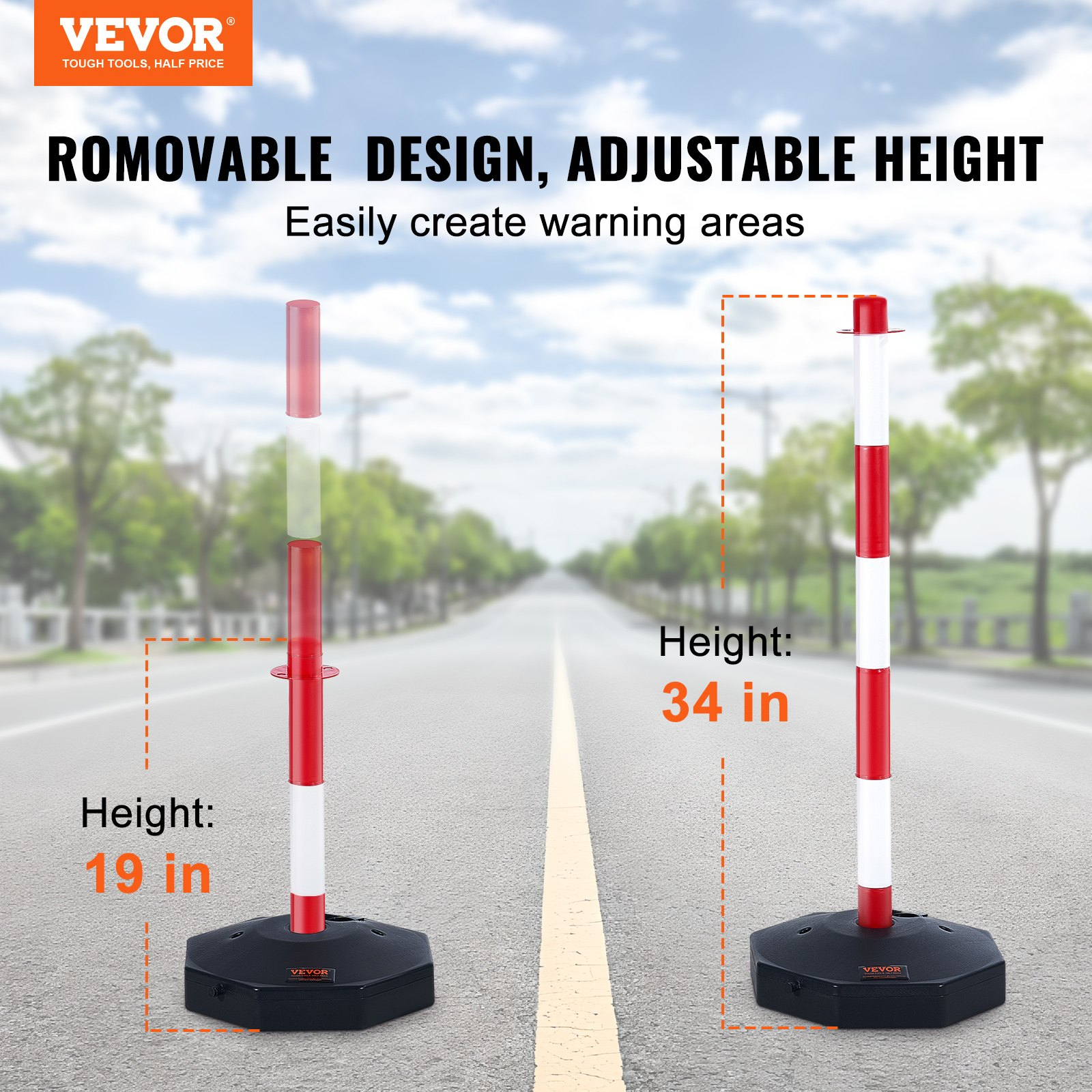 4 Pack Traffic Delineator Posts w/Base & 8FT Chain, Red/White Safety Barriers