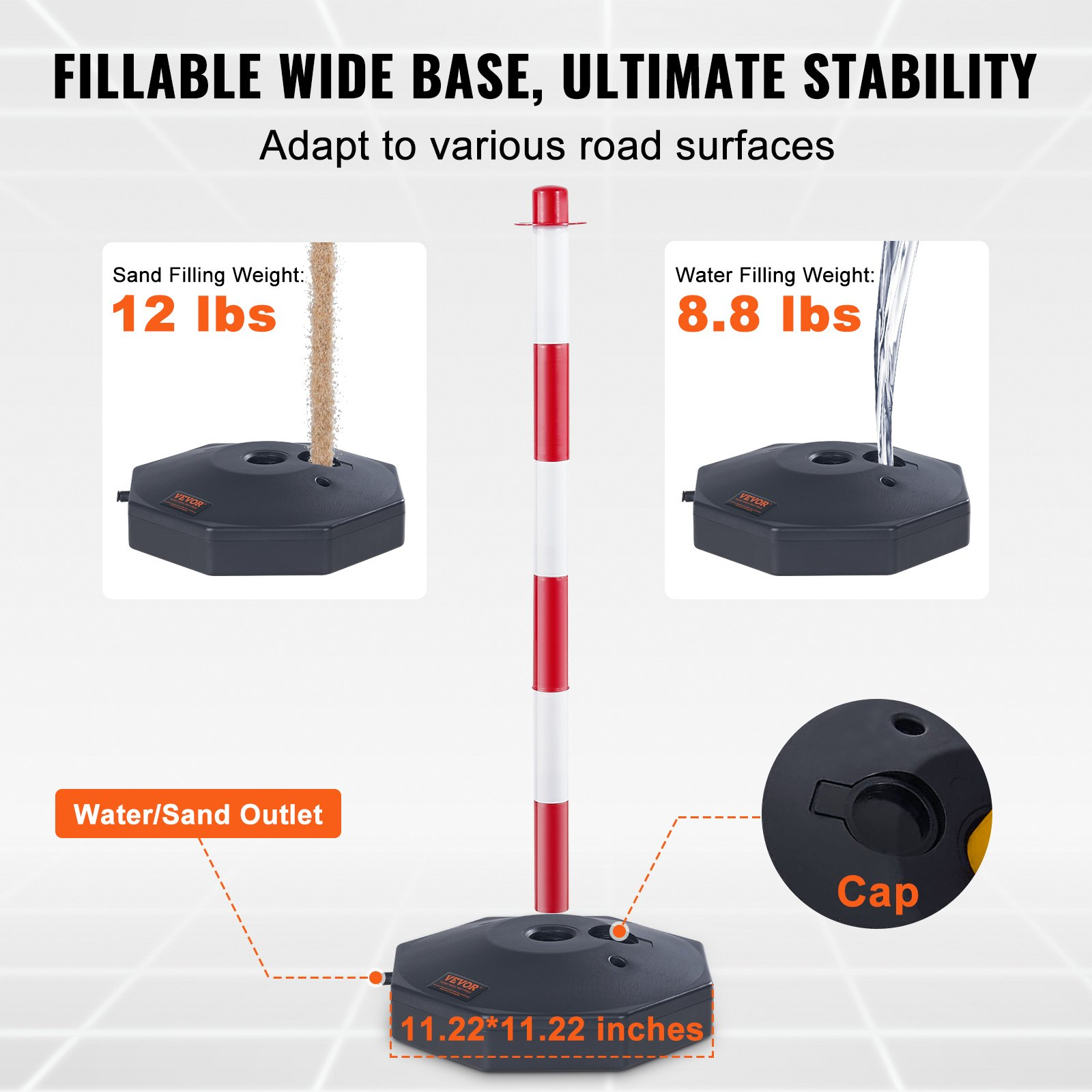 4 Pack Traffic Delineator Posts w/Base & 8FT Chain, Red/White Safety Barriers