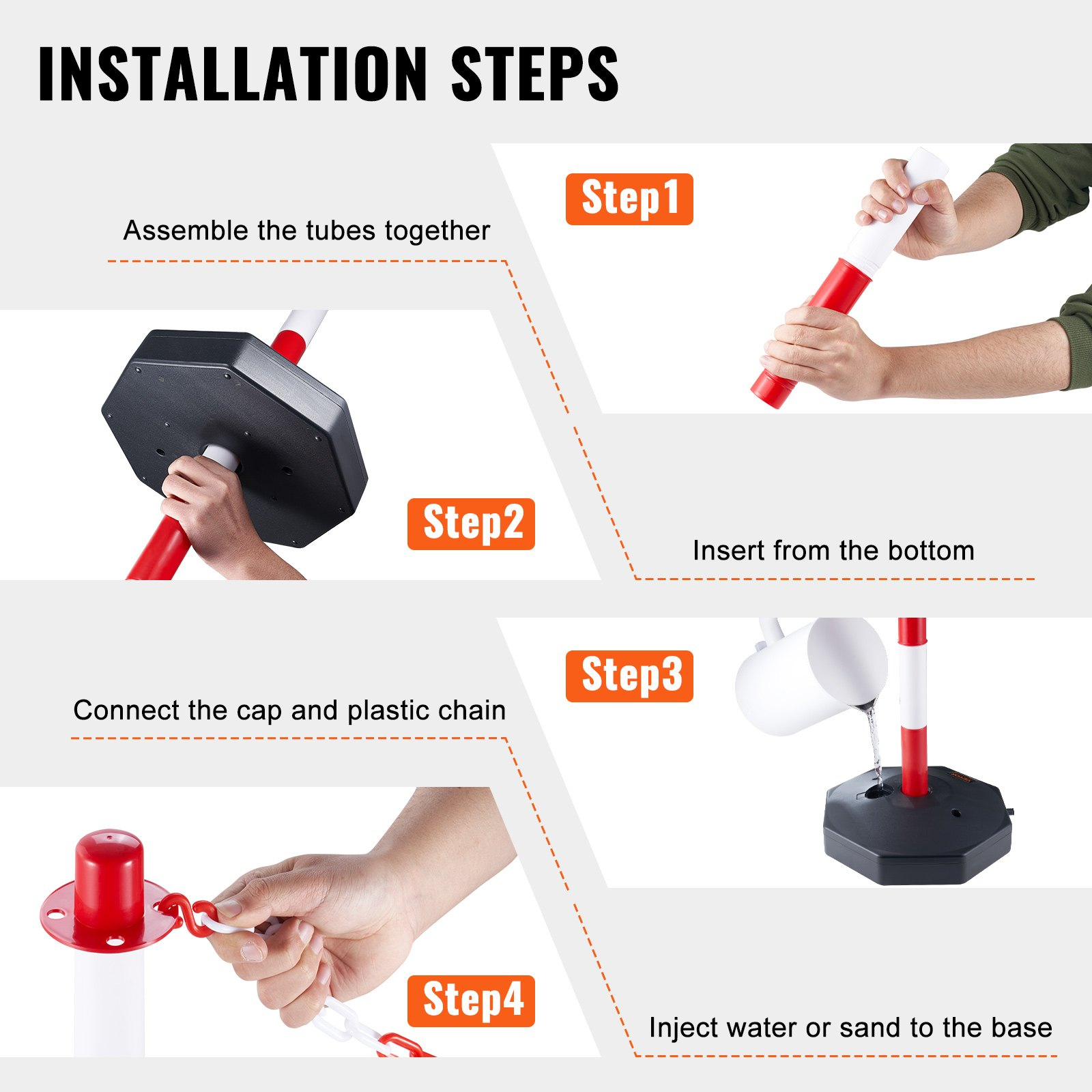 4 Pack Traffic Delineator Posts w/Base & 8FT Chain, Red/White Safety Barriers