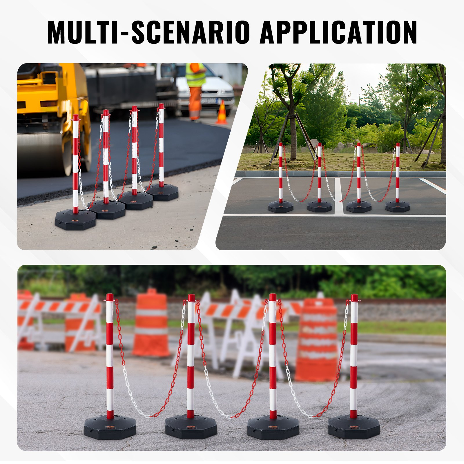 4 Pack Traffic Delineator Posts w/Base & 8FT Chain, Red/White Safety Barriers