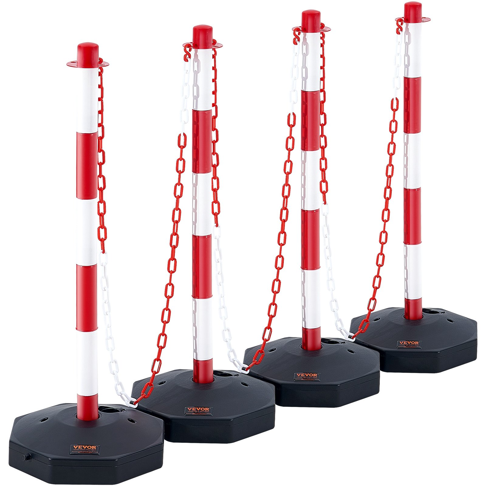 4 Pack Traffic Delineator Posts w/Base & 8FT Chain, Red/White Safety Barriers