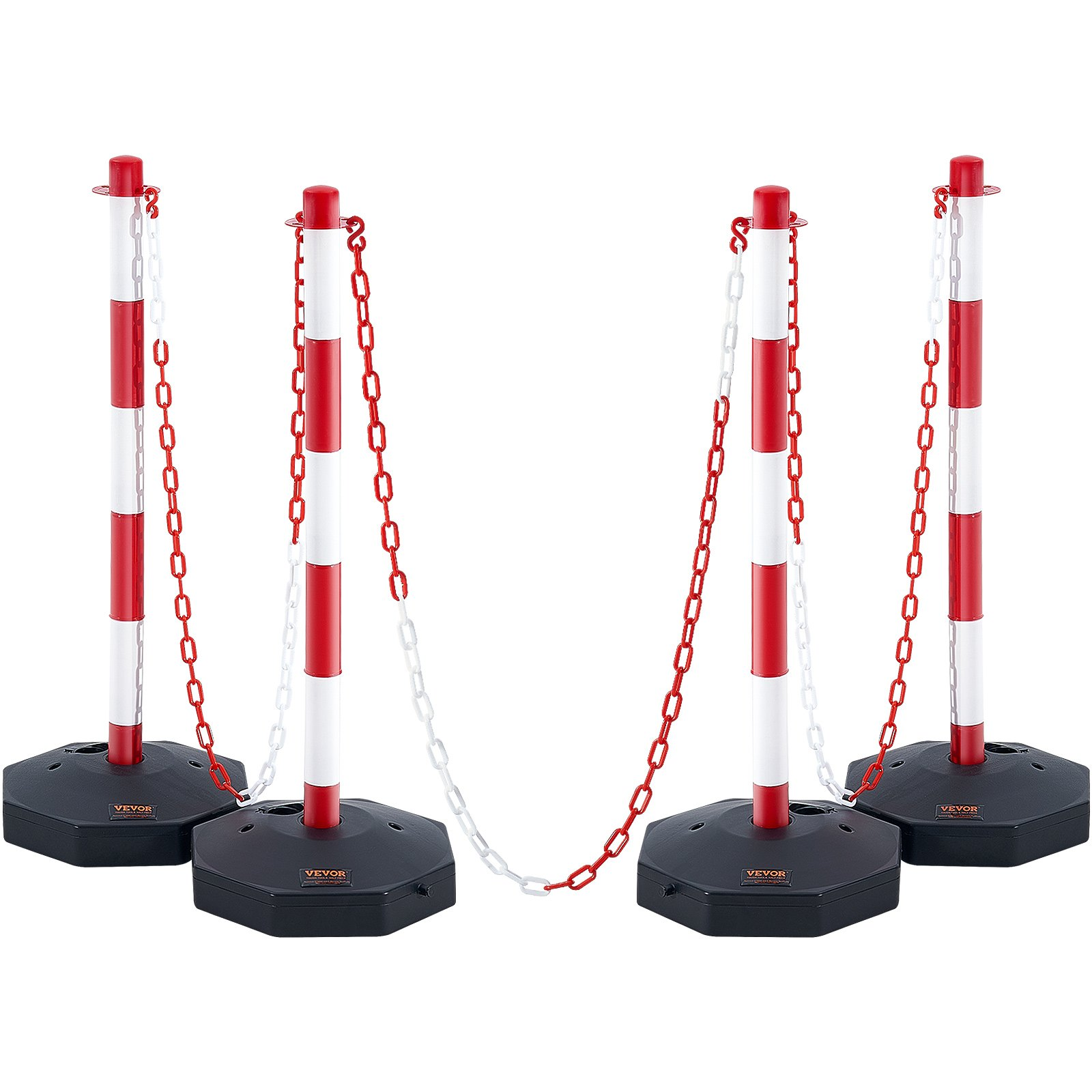 4 Pack Traffic Delineator Posts w/Base & 8FT Chain, Red/White Safety Barriers