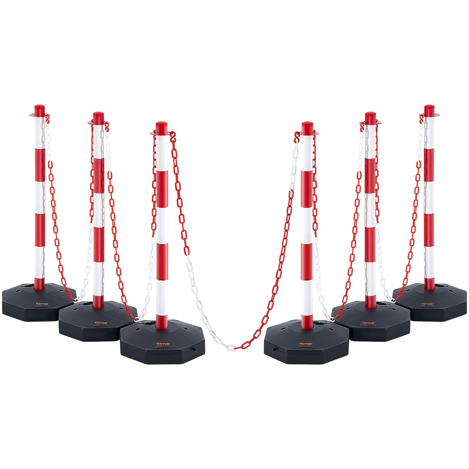 6 Pack Adjustable Traffic Delineator Posts with Base & 6.6FT Chain, Red & White