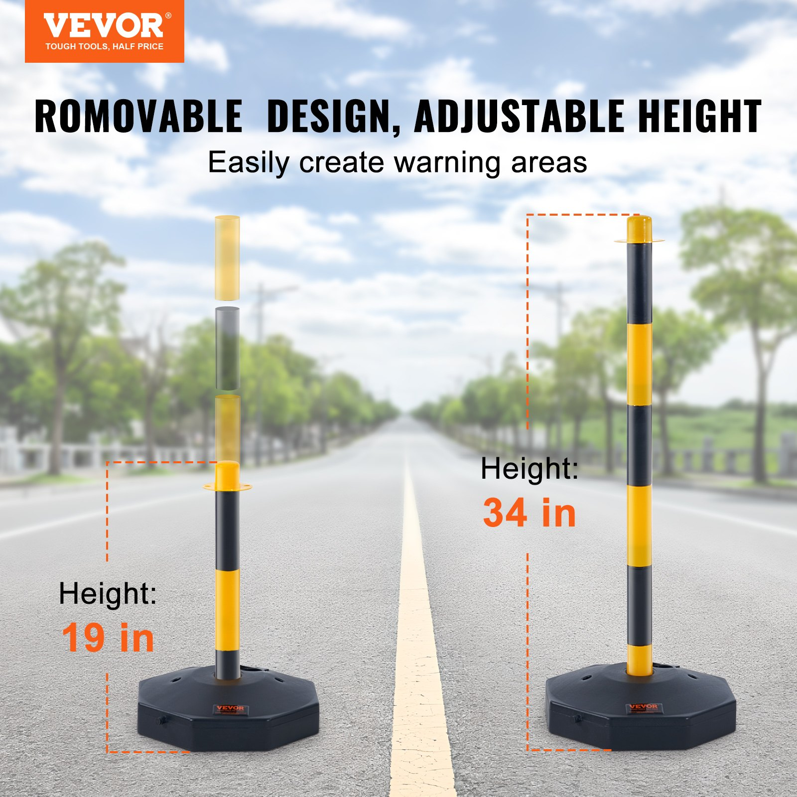 4 Pack Traffic Delineator Posts w/Base & 8FT Chain, Yellow/Black Safety Barriers