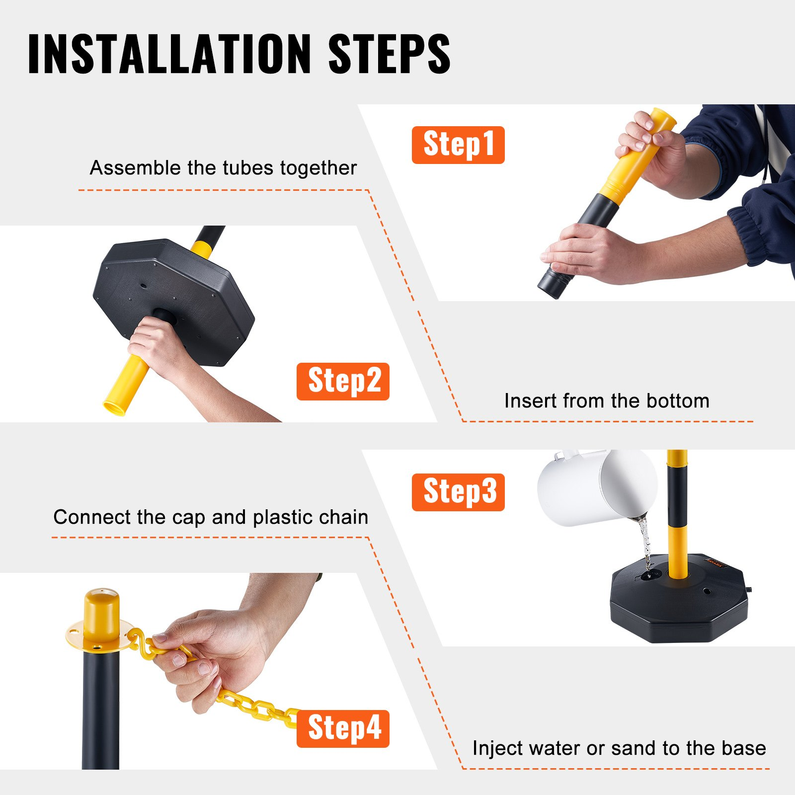 4 Pack Traffic Delineator Posts w/Base & 8FT Chain, Yellow/Black Safety Barriers