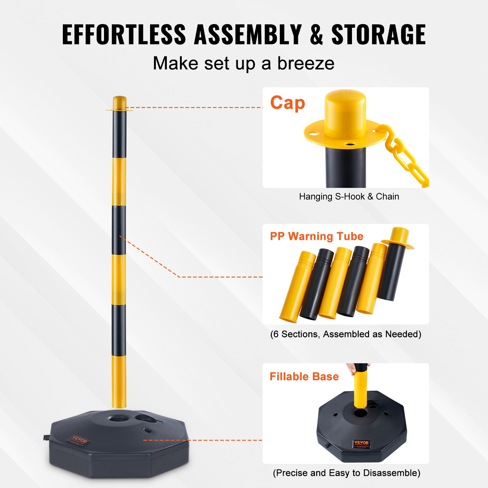 4 Pack Traffic Delineator Posts w/Base & 8FT Chain, Yellow/Black Safety Barriers