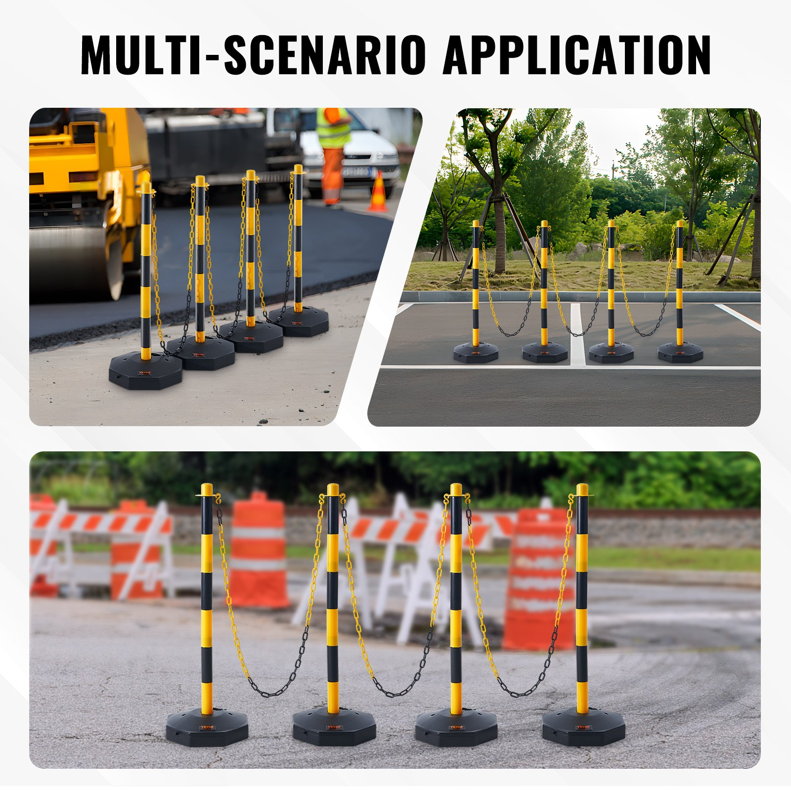 4 Pack Traffic Delineator Posts w/Base & 8FT Chain, Yellow/Black Safety Barriers