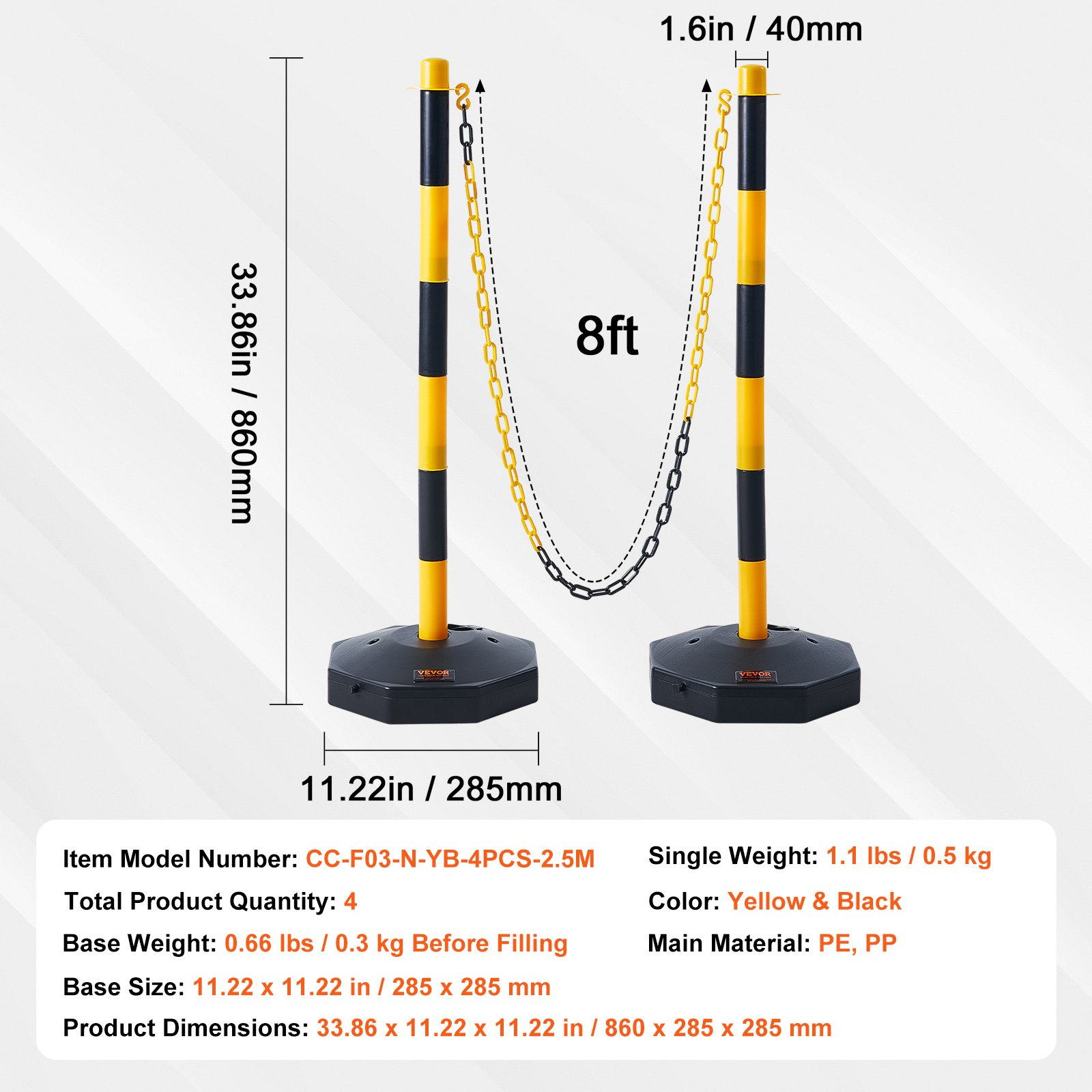 4 Pack Traffic Delineator Posts w/Base & 8FT Chain, Yellow/Black Safety Barriers